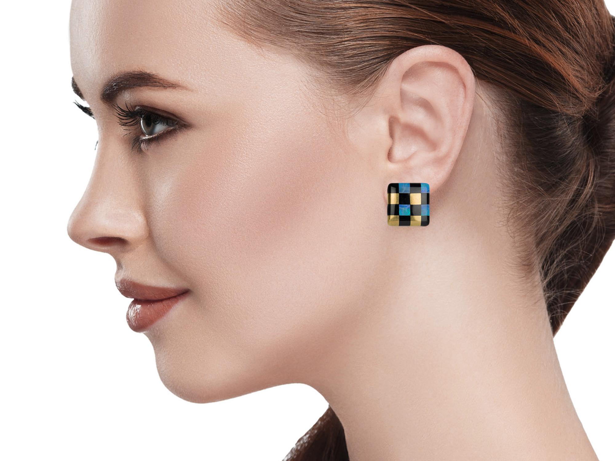 Tiffany & Co. checkered earrings made of Opal and Onyx inlaid in 18k yellow gold in a checkered pattern, designed by Angela Cummings.  Circa 1980's.