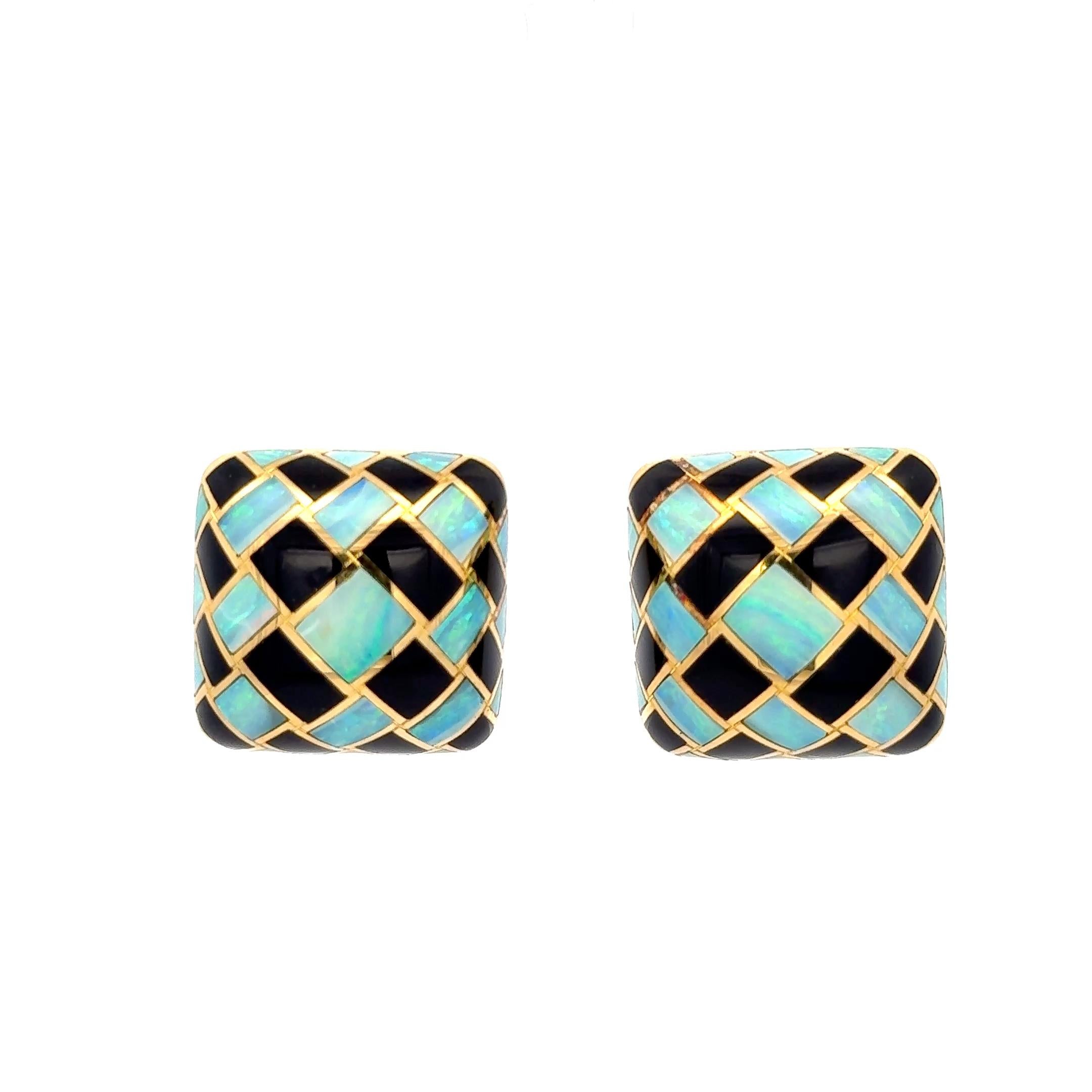 Estate Tiffany & Co. Opal and Onyx Inlay Earrings in 18K Yellow Gold. The earrings measure approximately 1 inch by 1 inch, and weigh 26 grams.