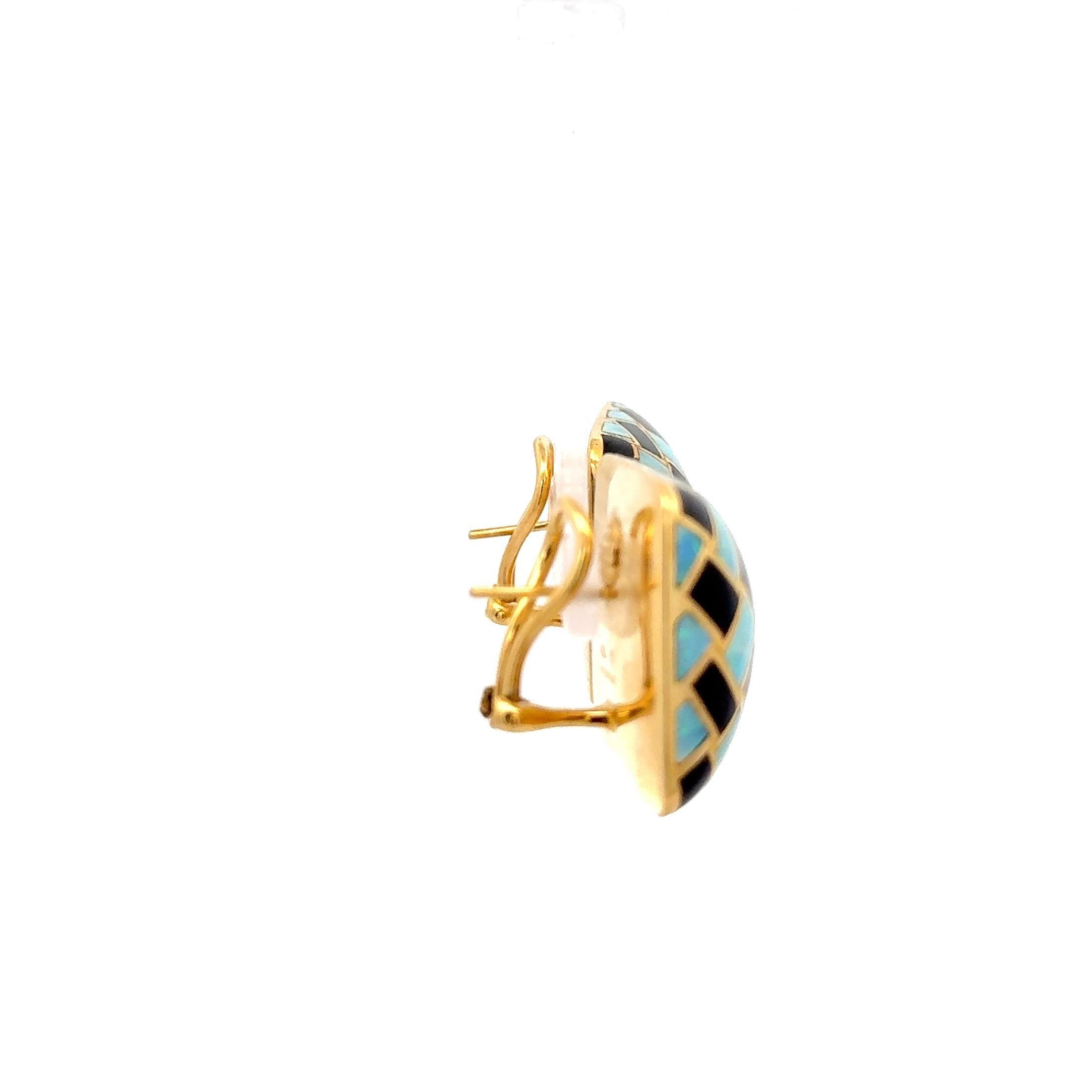 Tiffany & Co. Opal & Onyx Inlay Earrings 18K Yellow Gold In Good Condition For Sale In Dallas, TX