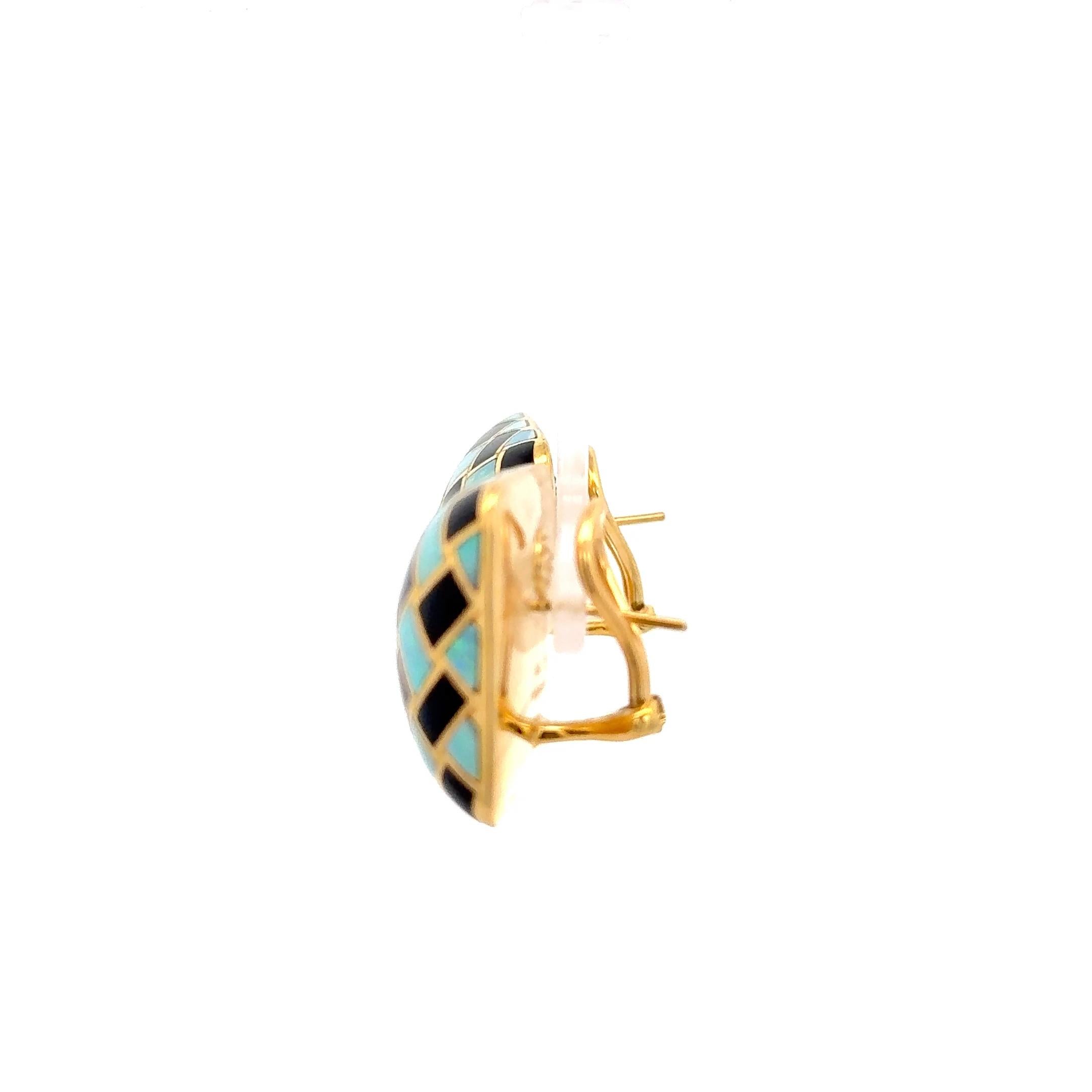 Women's Tiffany & Co. Opal & Onyx Inlay Earrings 18K Yellow Gold For Sale