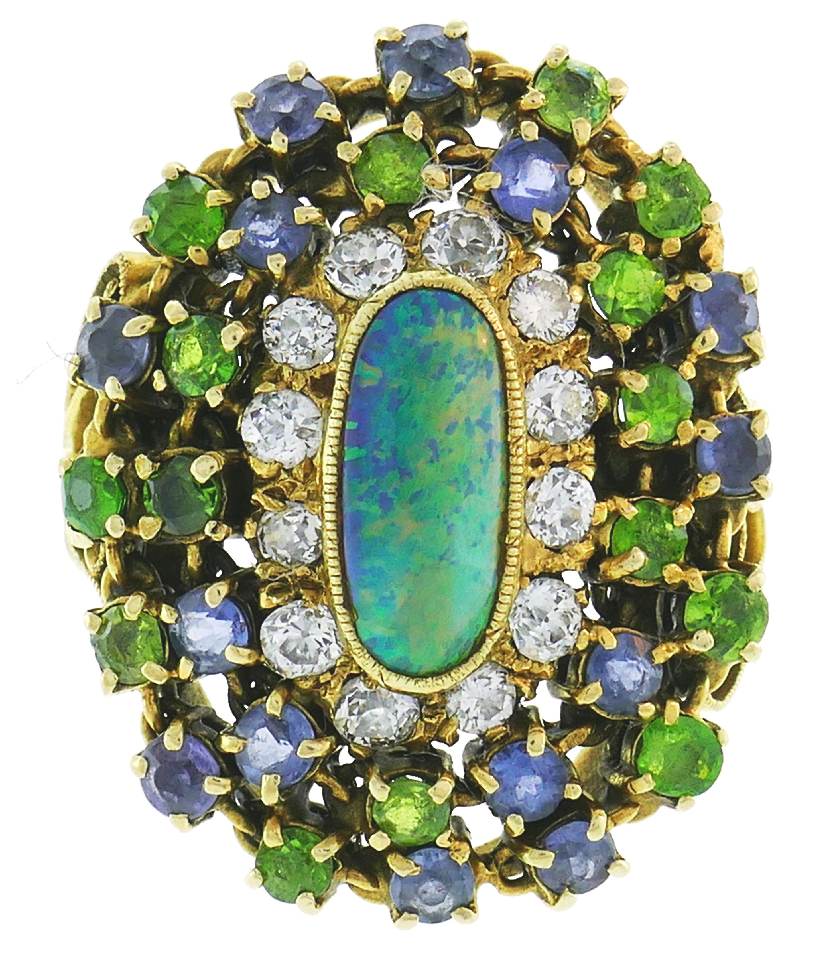 Tiffany & Co. Opal Yellow Gold Ring with Diamond Tanzanite and Peridot, 1960s In Good Condition In Beverly Hills, CA