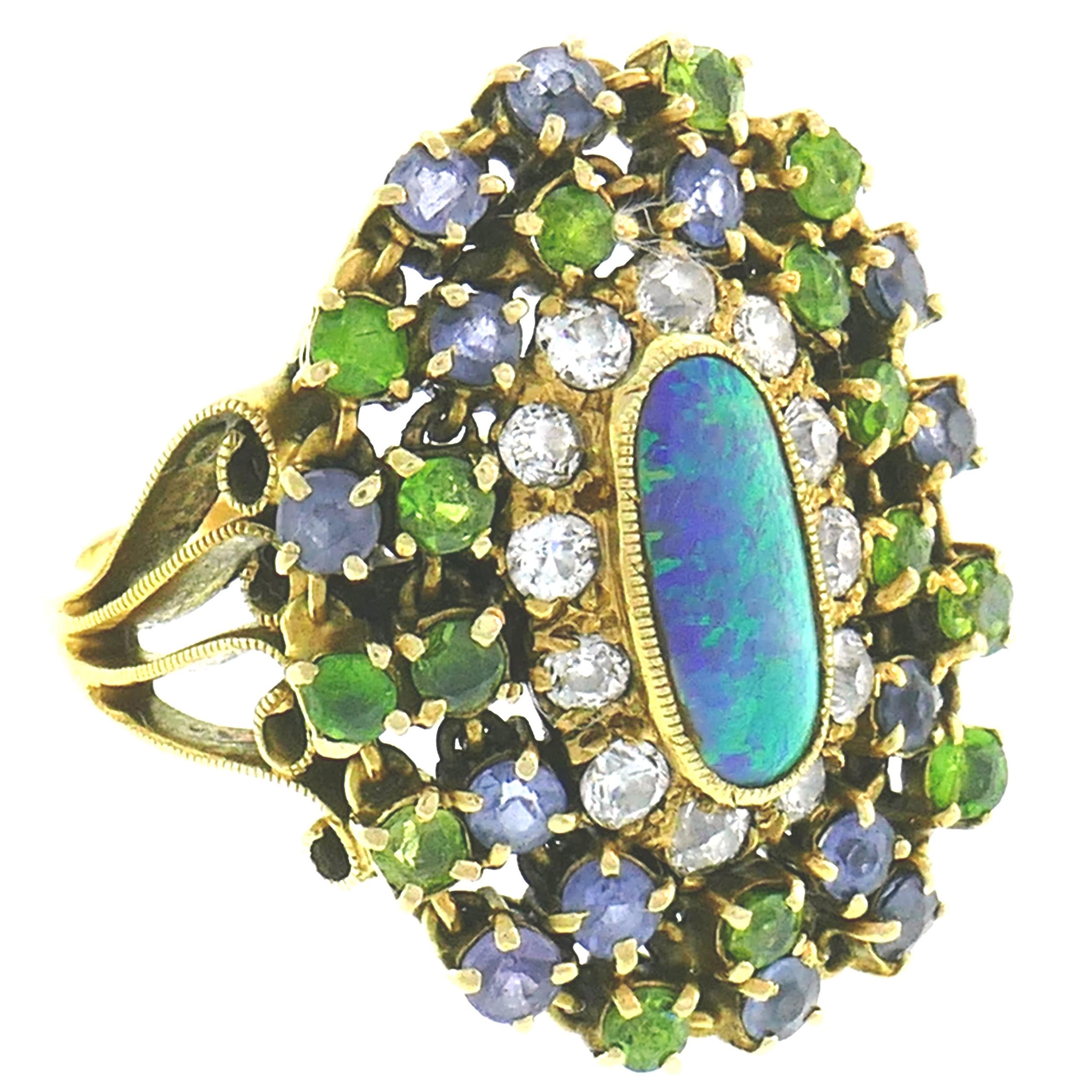 Tiffany & Co. Opal Yellow Gold Ring with Diamond Tanzanite and Peridot, 1960s