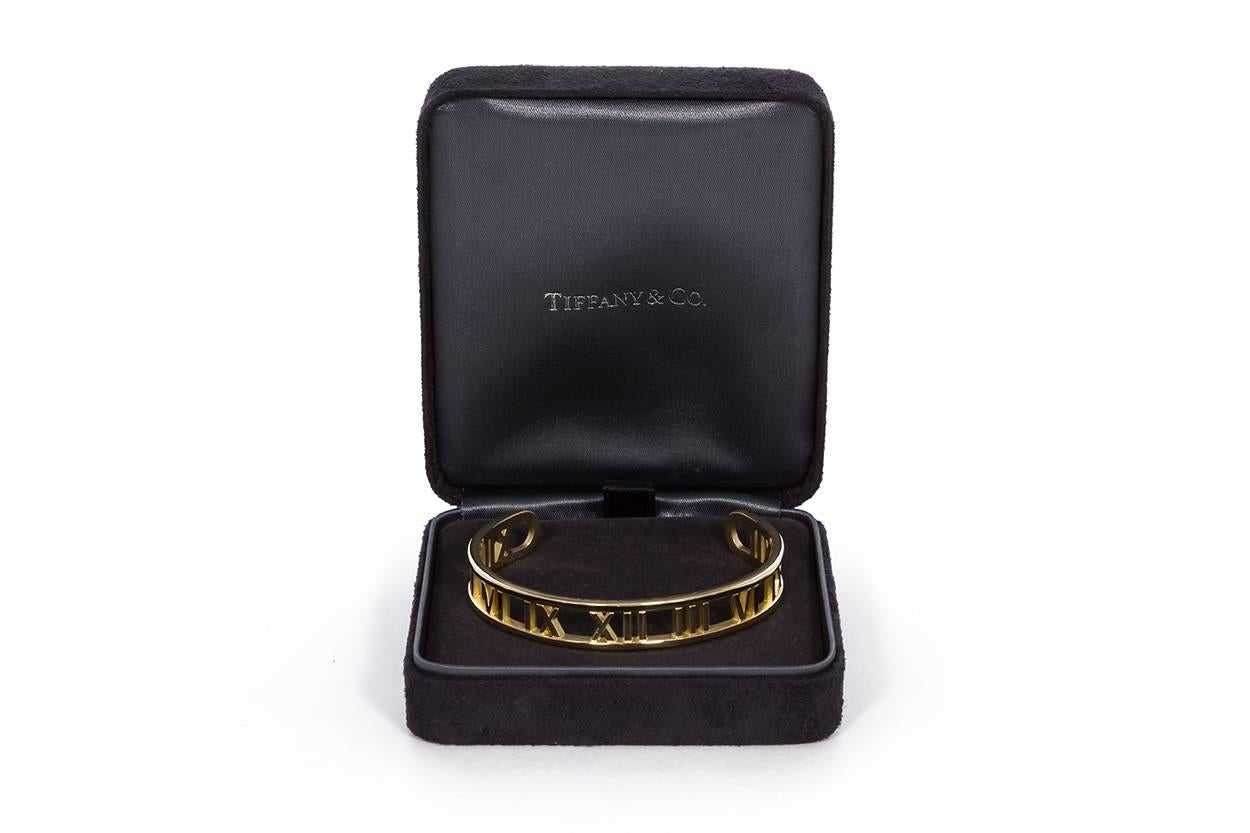 Tiffany & Co. Open Atlas Roman Numeral 18 Karat Yellow Gold Cuff Bracelet In Excellent Condition In Tustin, CA