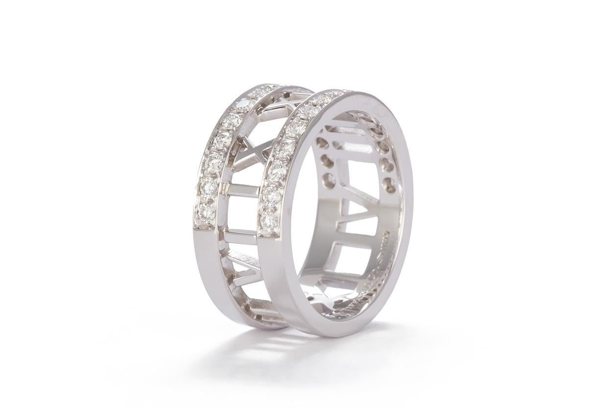 Contemporary Tiffany & Co. Open Atlas Roman Numeral 18k White Gold & Diamond Wide Ring
