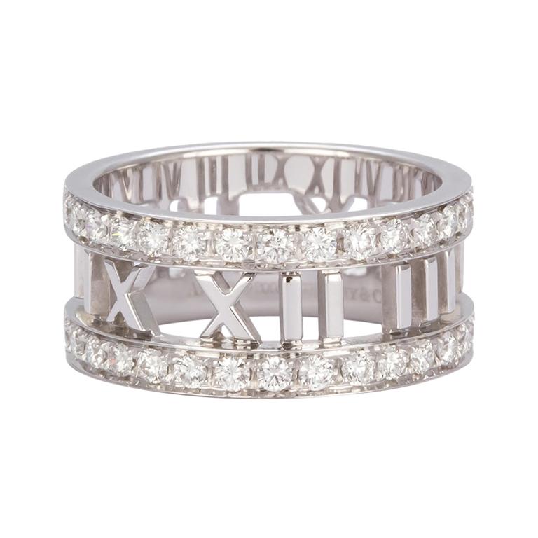 Tiffany and Co. Open Atlas Roman Numeral 18k White Gold and Diamond