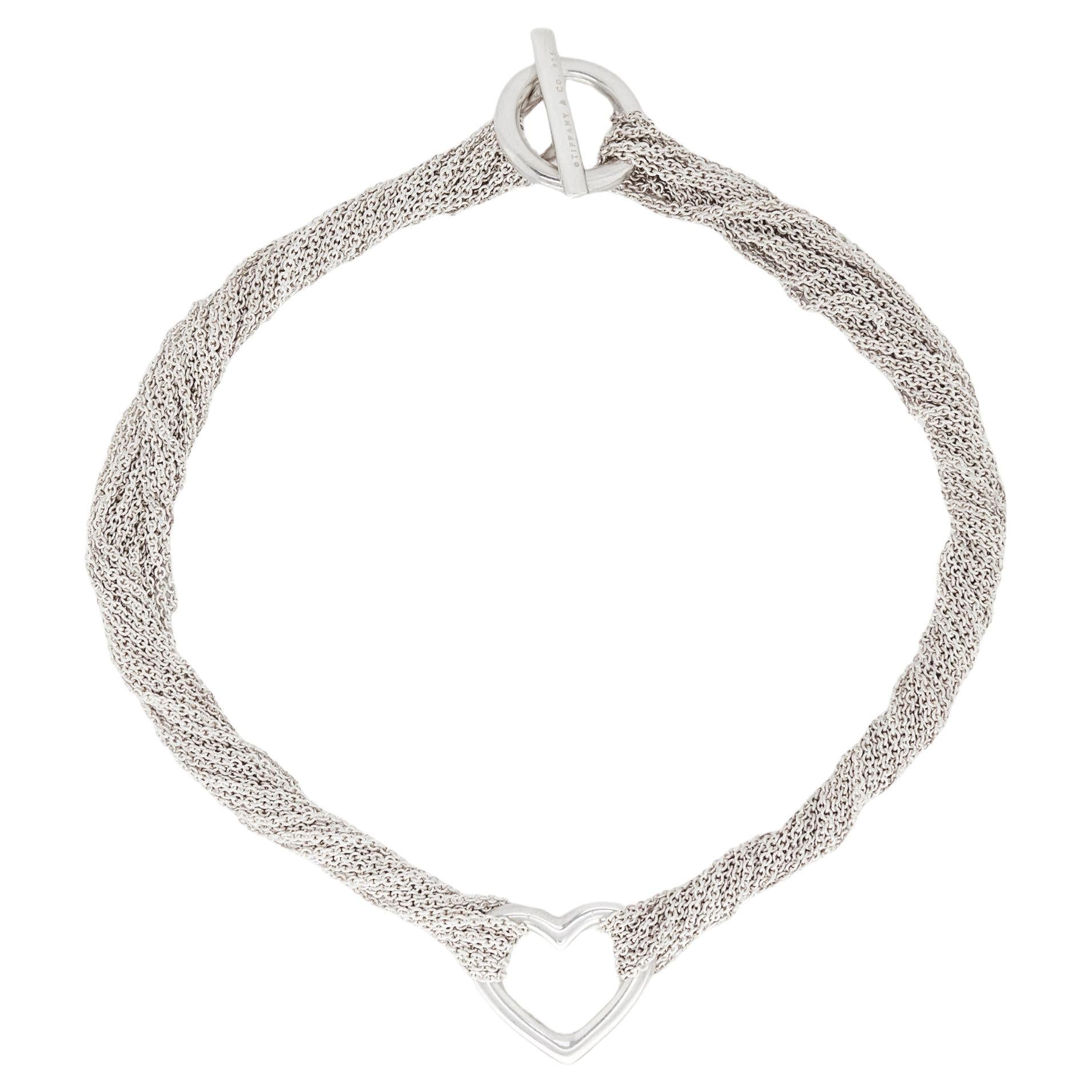 Tiffany & Co. Offene Herz-Halskette aus Sterlingsilber mit mehreren Ketten und Knopfleiste