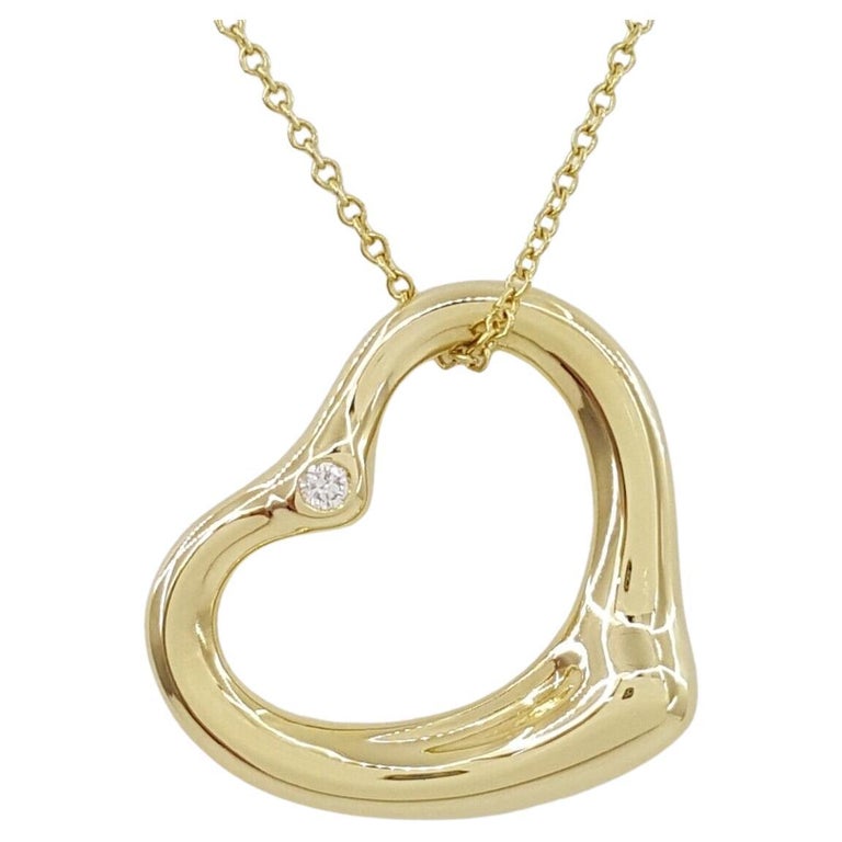 Round Cut  Tiffany & Co. Open Heart Pendant Diamond Necklace almost 8 grams of 18k gold For Sale