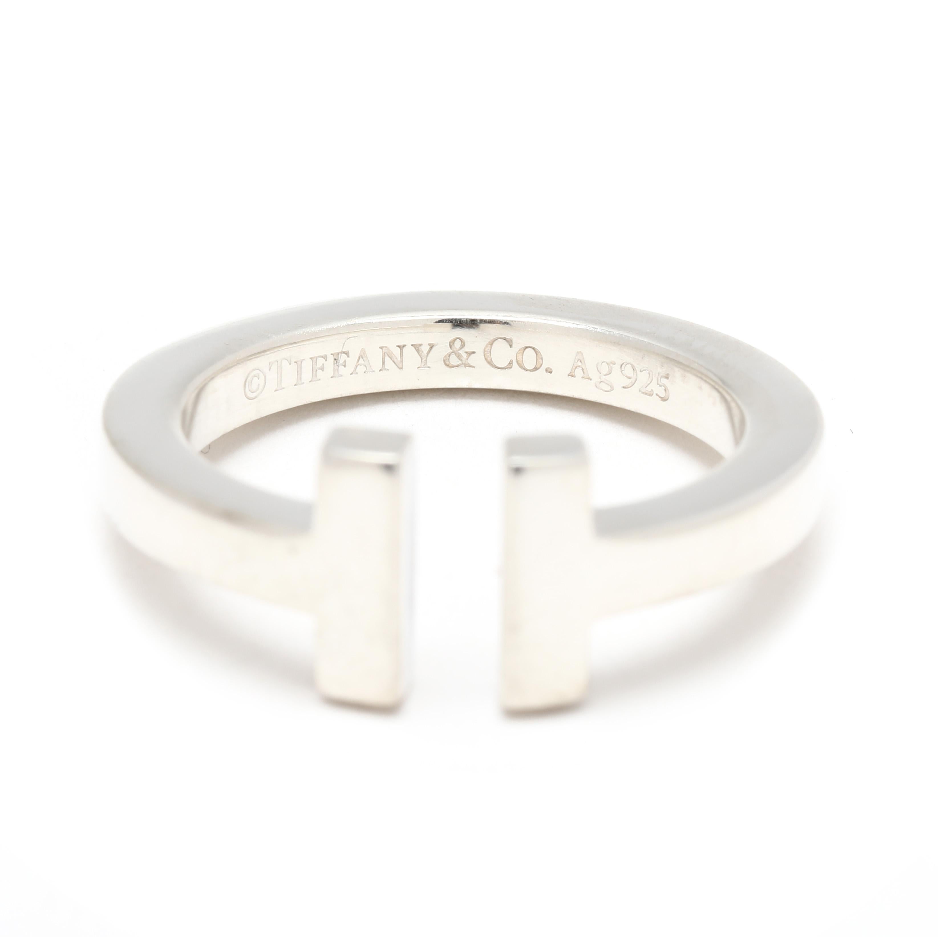 Anillo Tiffany & Co con vástago cuadrado abierto, plata de ley, talla 6 1