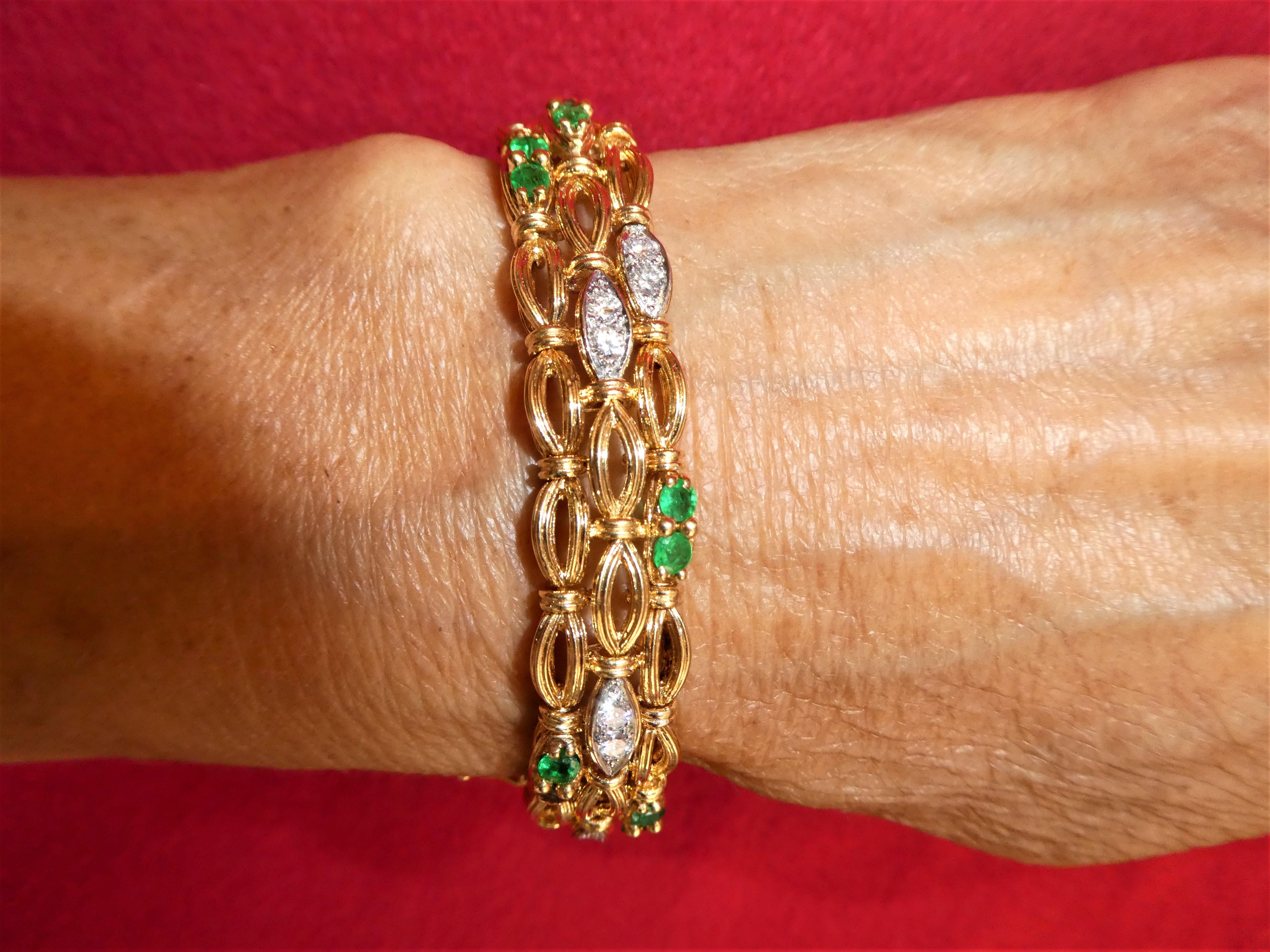Tiffany & Co. Open Work 18 Karat Gold Emerald Diamond Triple Strand Bracelet For Sale 4