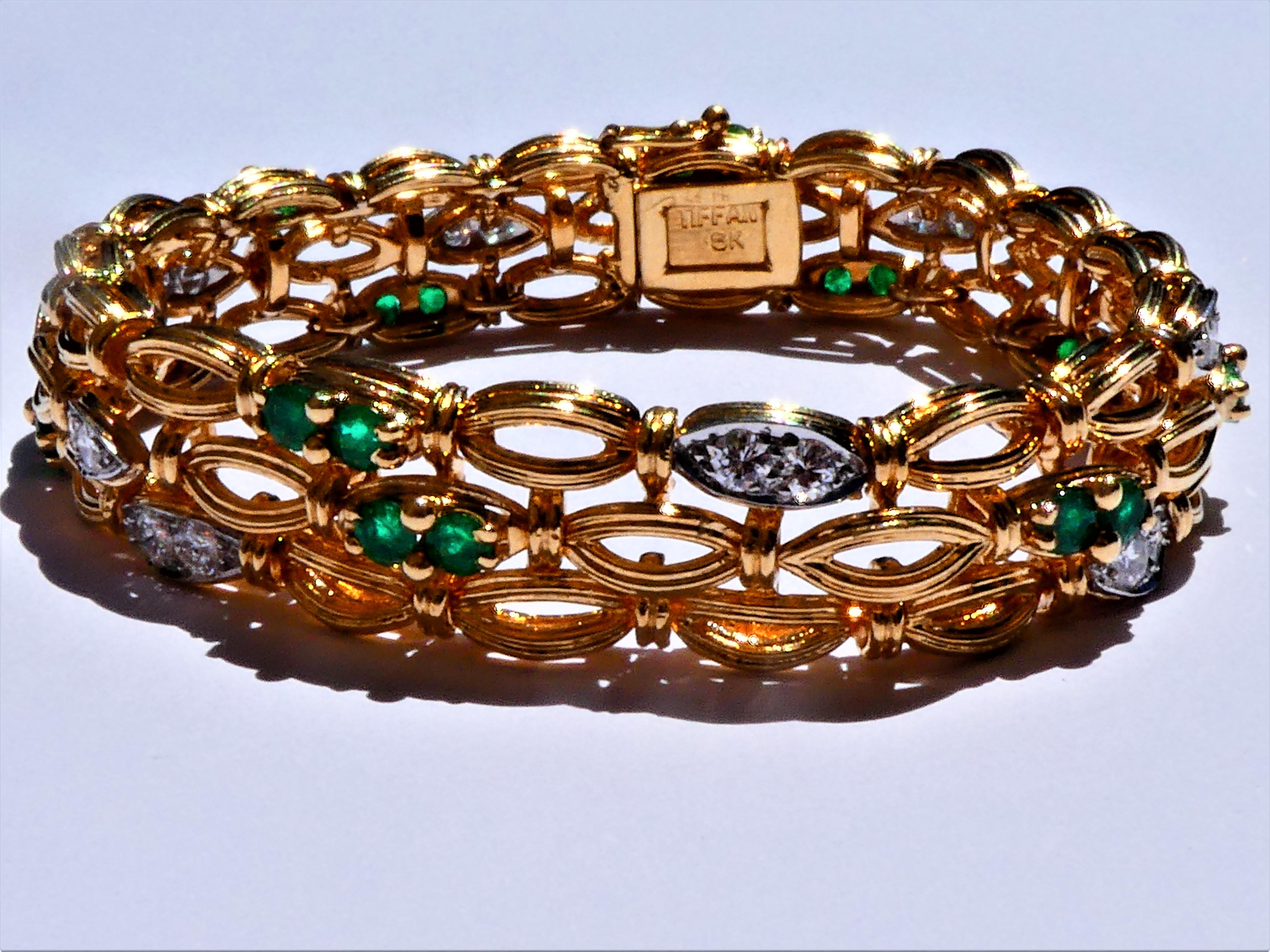 This Tiffany & Co. bracelet was crafted circa 1980 in an open work design of three rows of woven rope with alternating 20 round green emeralds of circa 4 carat and 16 round Brilliant-cut diamonds of high colour and clarity grade of circa 2.5 carat.