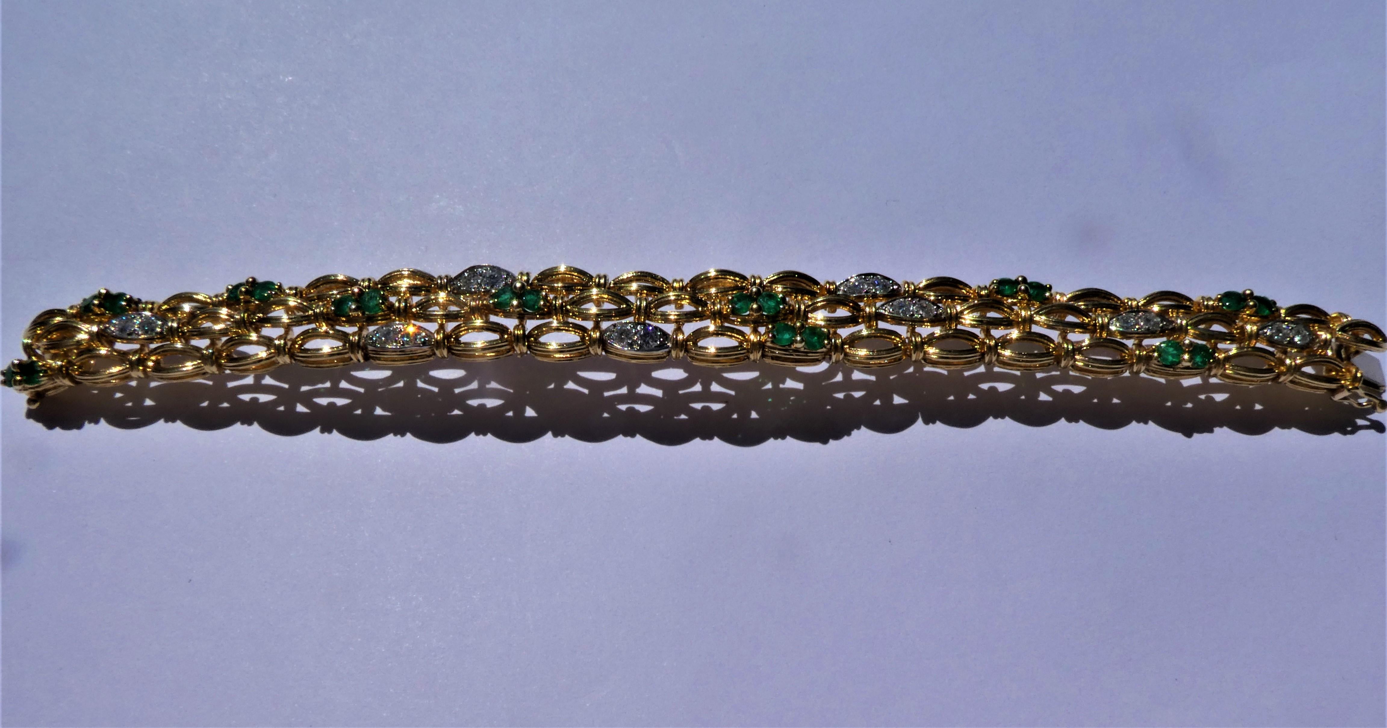 Contemporary Tiffany & Co. Open Work 18 Karat Gold Emerald Diamond Triple Strand Bracelet For Sale