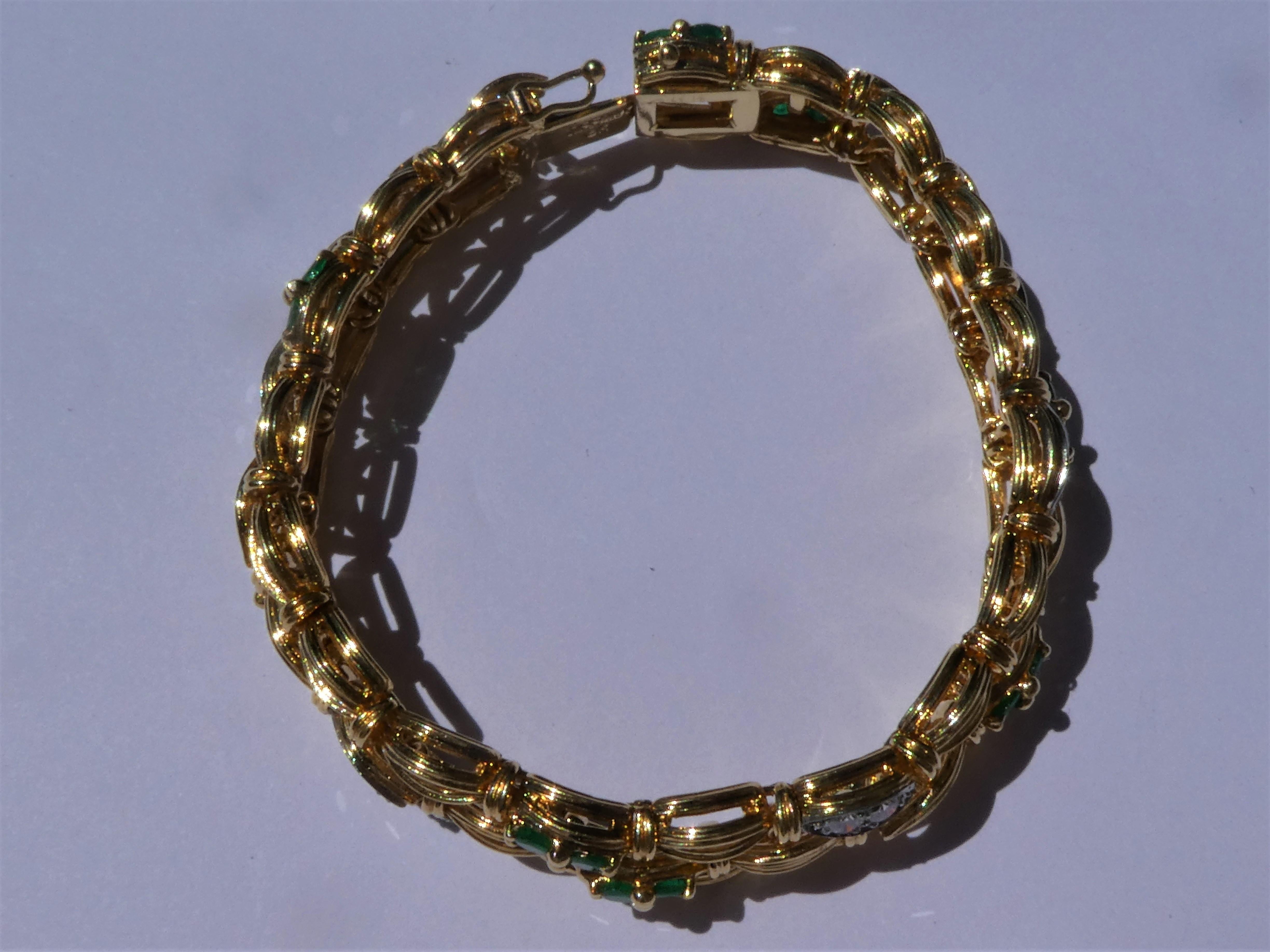Round Cut Tiffany & Co. Open Work 18 Karat Gold Emerald Diamond Triple Strand Bracelet For Sale