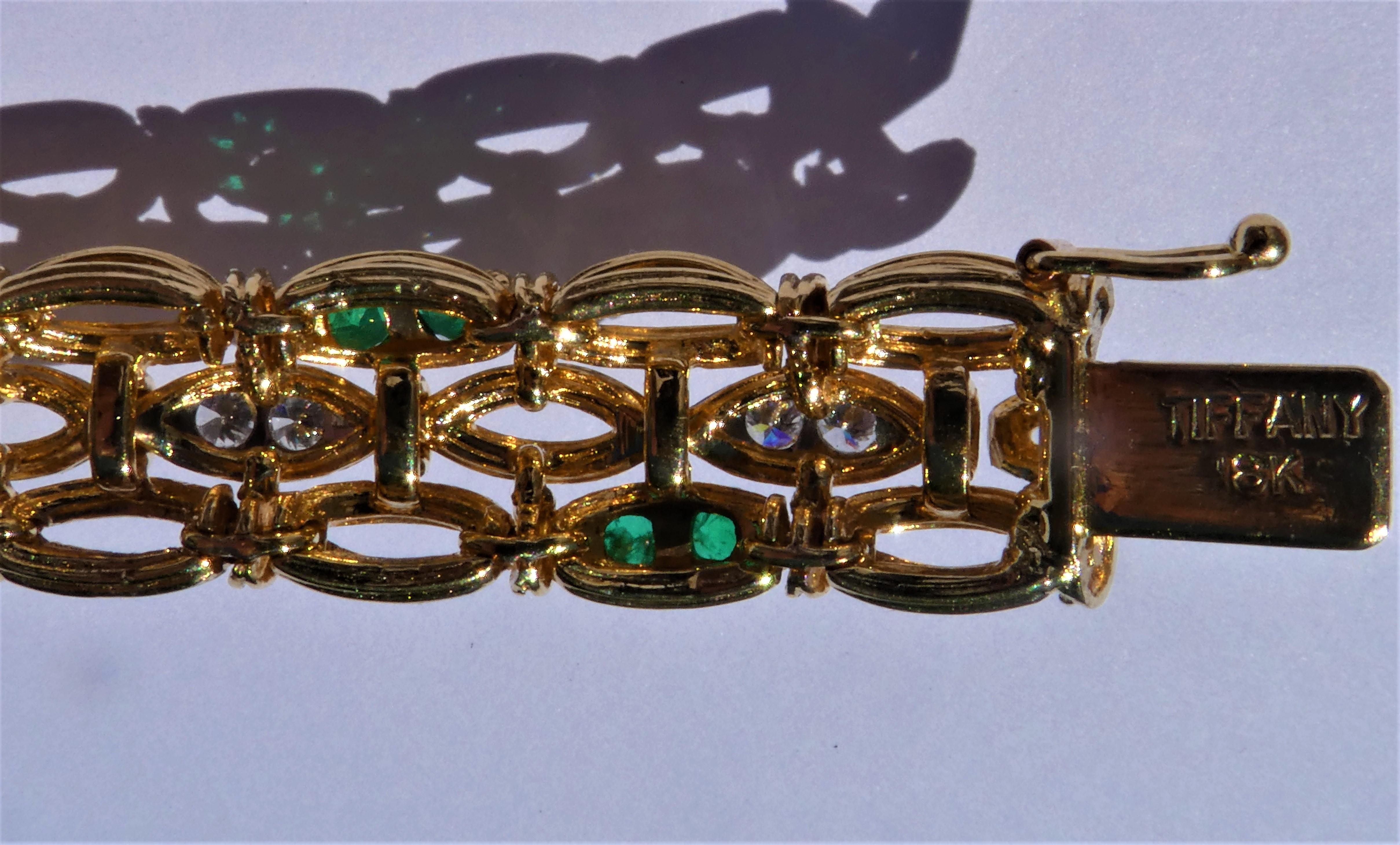 Tiffany & Co. Open Work 18 Karat Gold Emerald Diamond Triple Strand Bracelet In Excellent Condition For Sale In Munich, DE