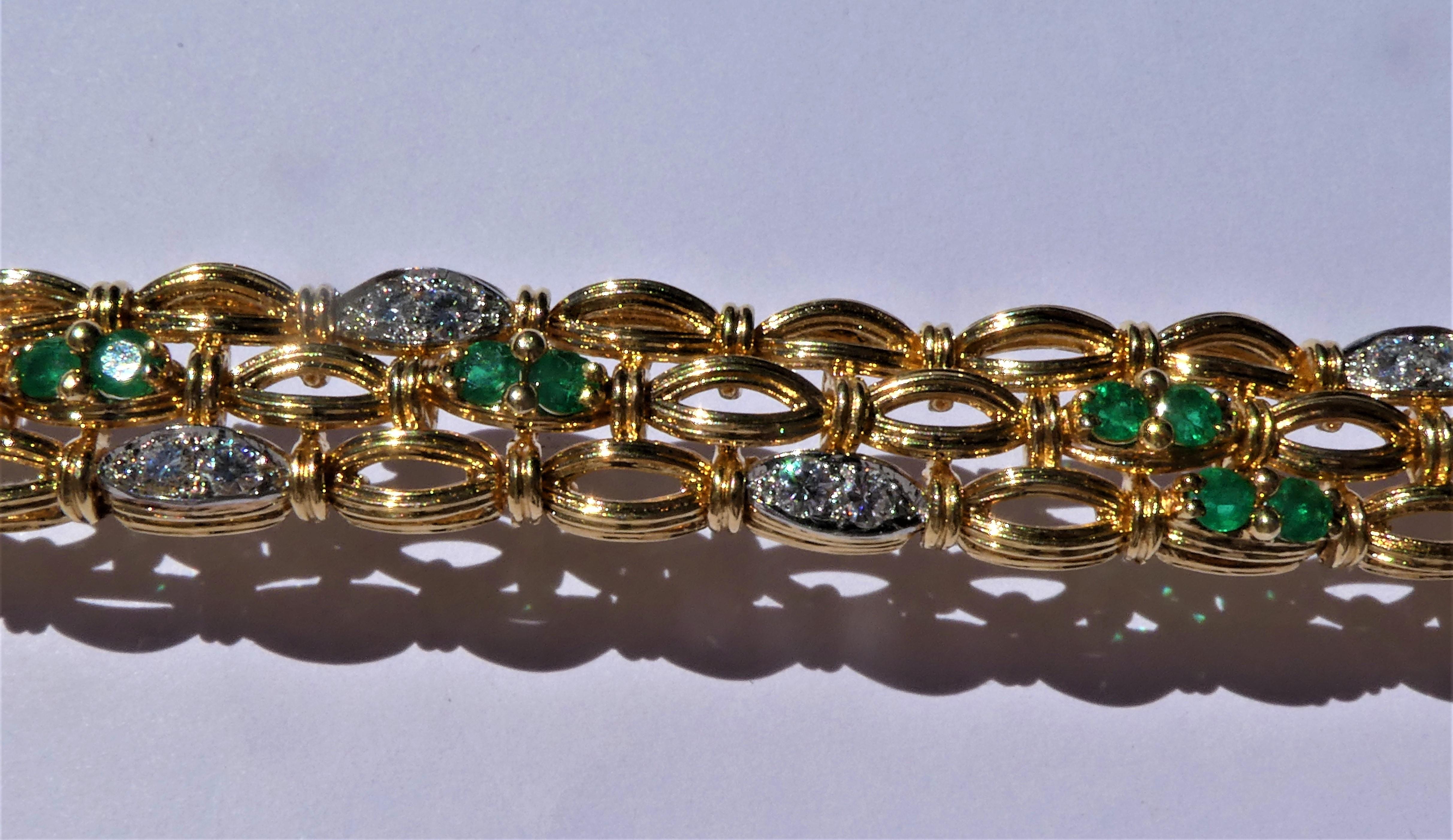 Tiffany & Co. Open Work 18 Karat Gold Emerald Diamond Triple Strand Bracelet For Sale 1