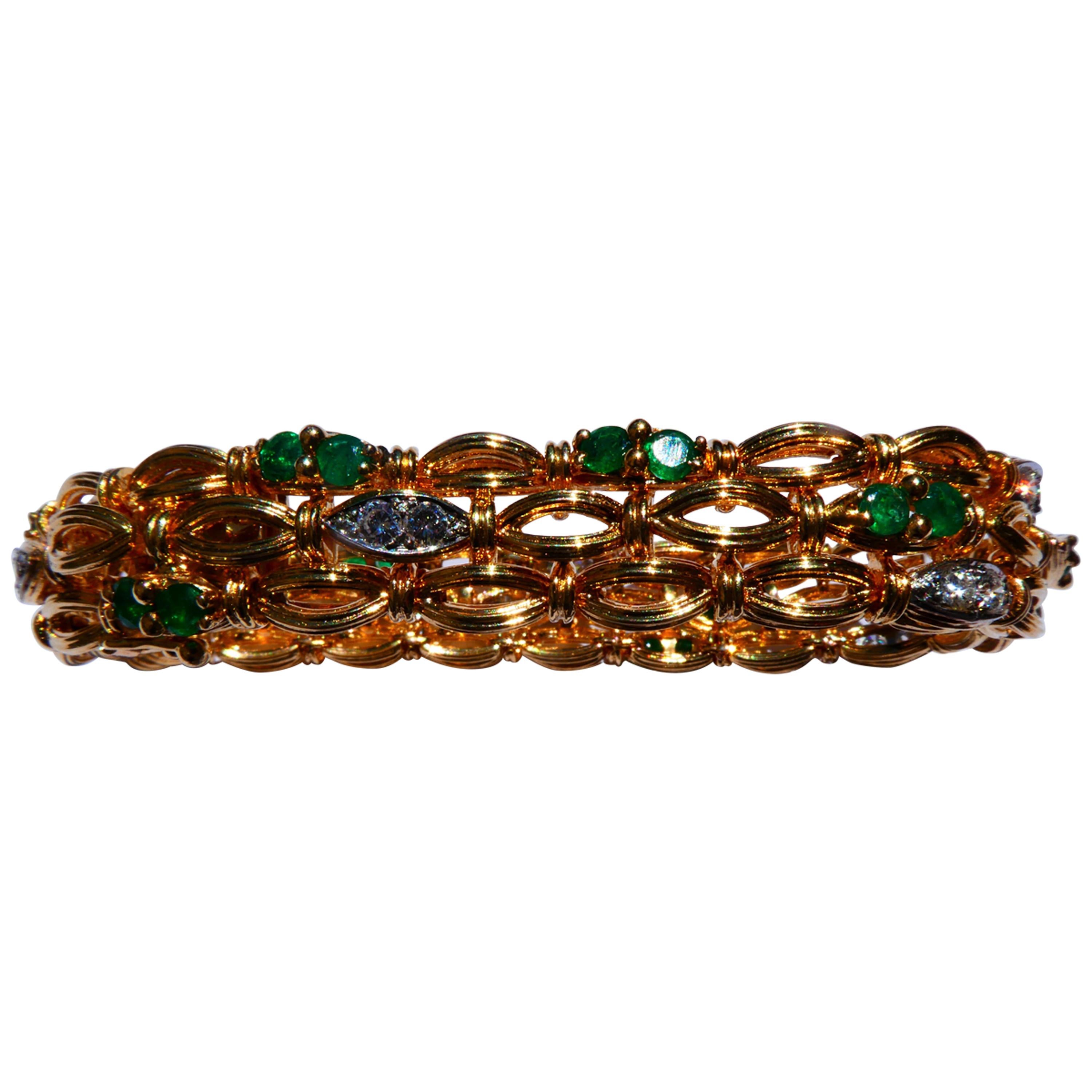 Tiffany & Co. Open Work 18 Karat Gold Emerald Diamond Triple Strand Bracelet For Sale
