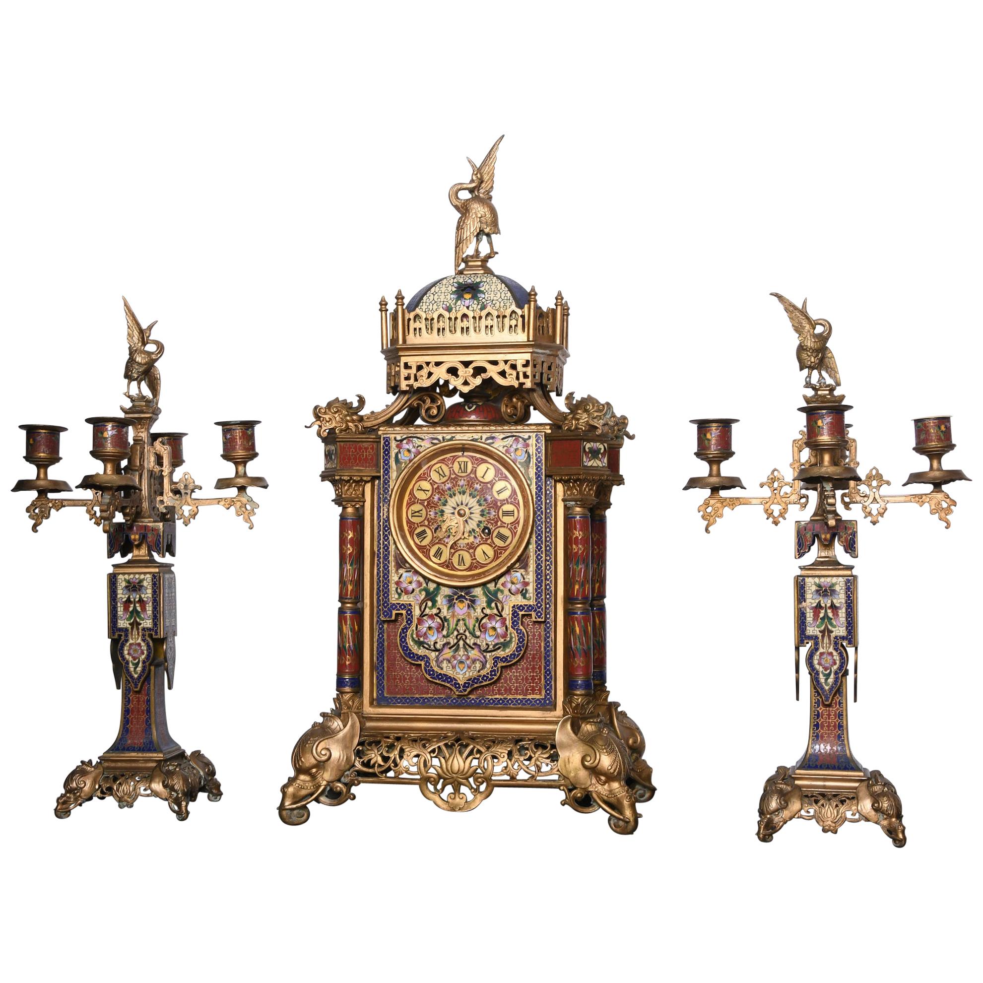 Tiffany & Co. Ormulu Bronze Champlevé Enamel Mantel Clock Garniture For Sale