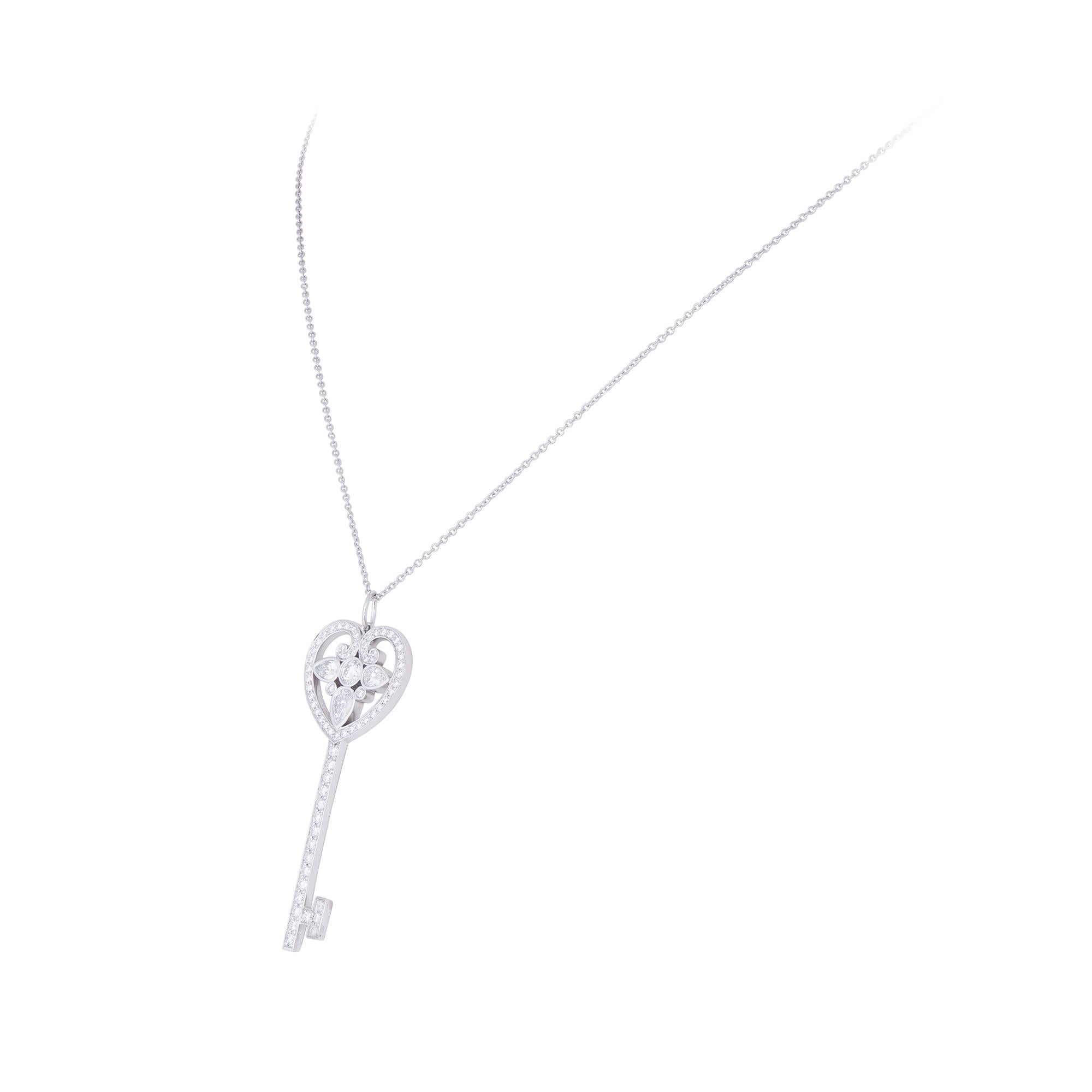 Round Cut Tiffany & Co. 'Ornate Heart Key' Platinum and Diamond Pendant