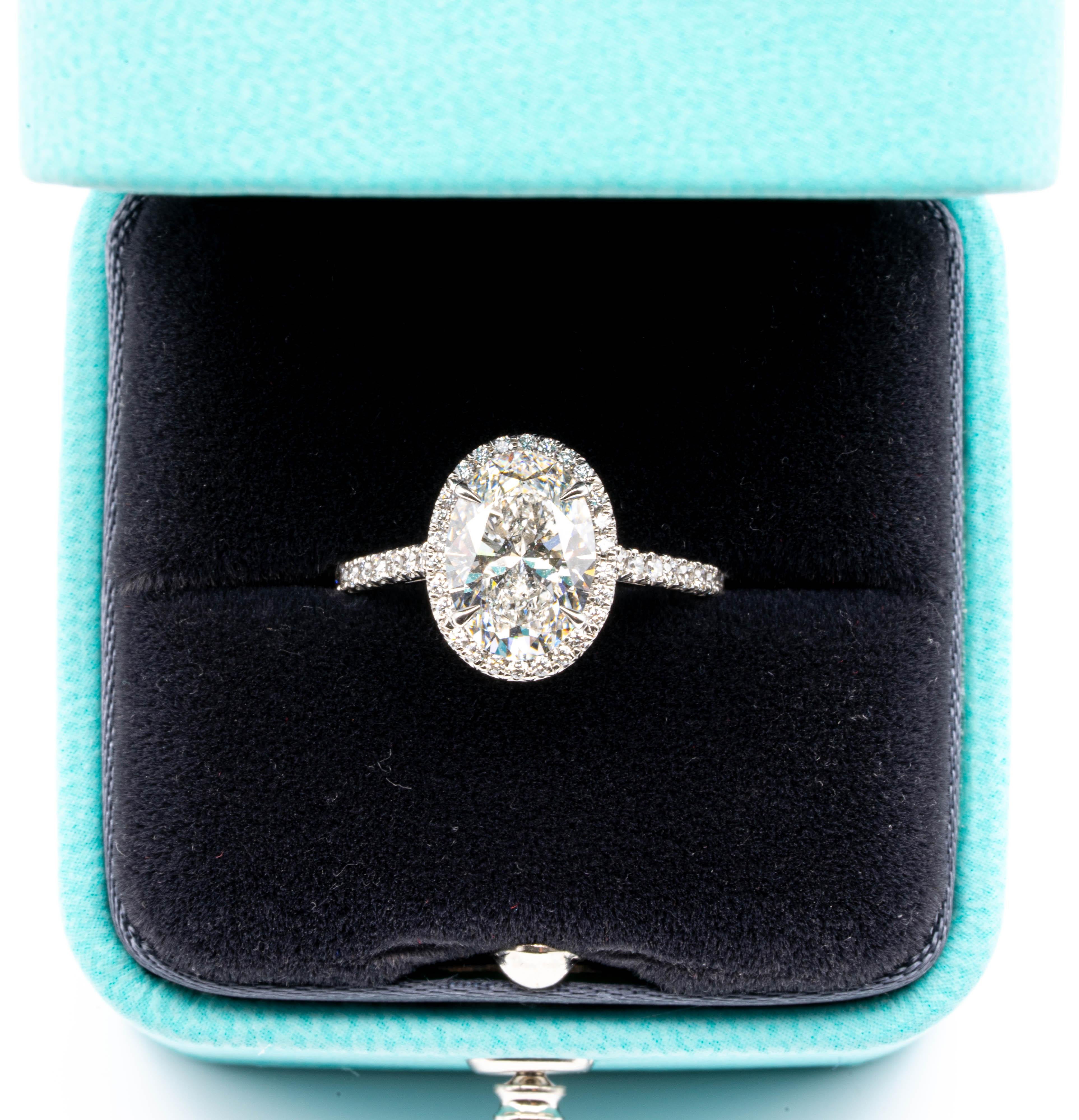 Tiffany & Co. Platinum Soleste Oval Diamond Engagement Ring F VS1 2.33 Cts Total 2