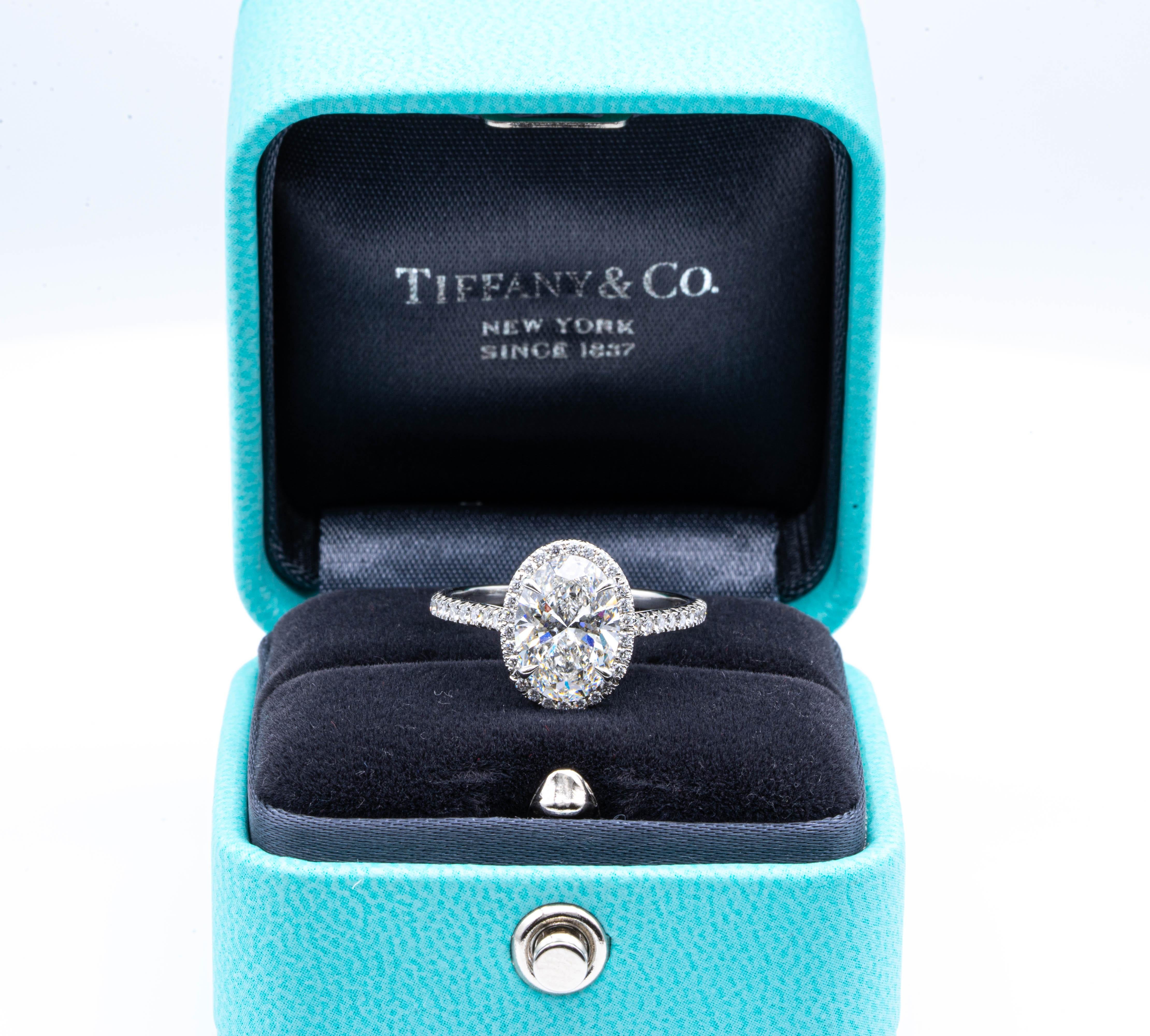 Oval Cut Tiffany & Co. Platinum Soleste Oval Diamond Engagement Ring F VS1 2.33 Cts Total