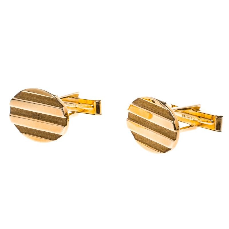 Contemporary Tiffany & Co. Oval Stripe Textured 18k Yellow Gold Cufflinks
