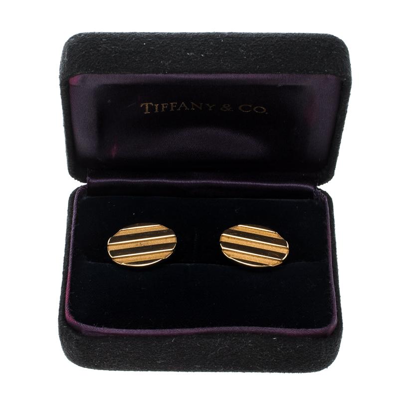 Tiffany & Co. Oval Stripe Textured 18k Yellow Gold Cufflinks 1