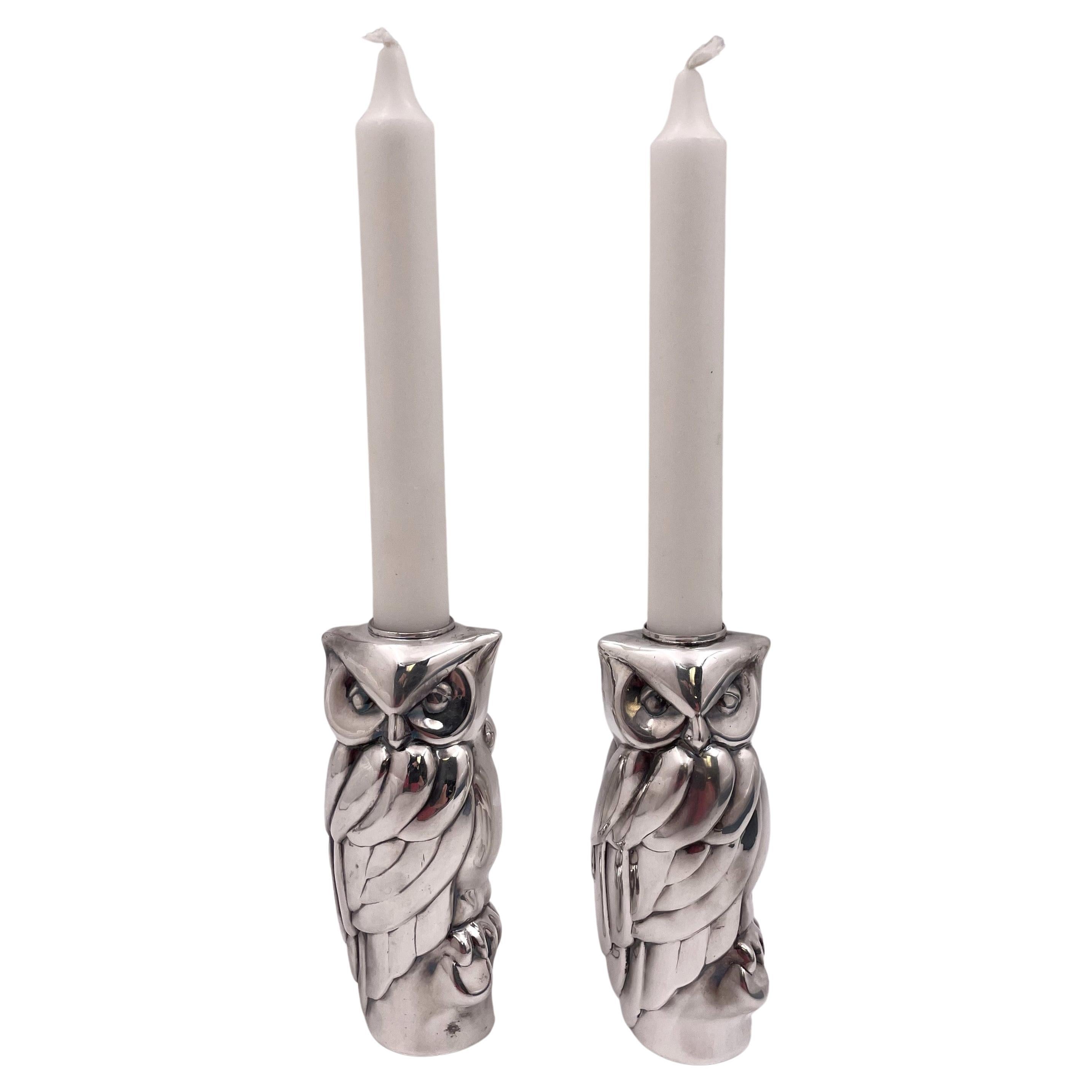 Tiffany & Co. Paar seltene Eulenförmige Kerzenständer aus Sterlingsilber aus der Mitte des Jahrhunderts