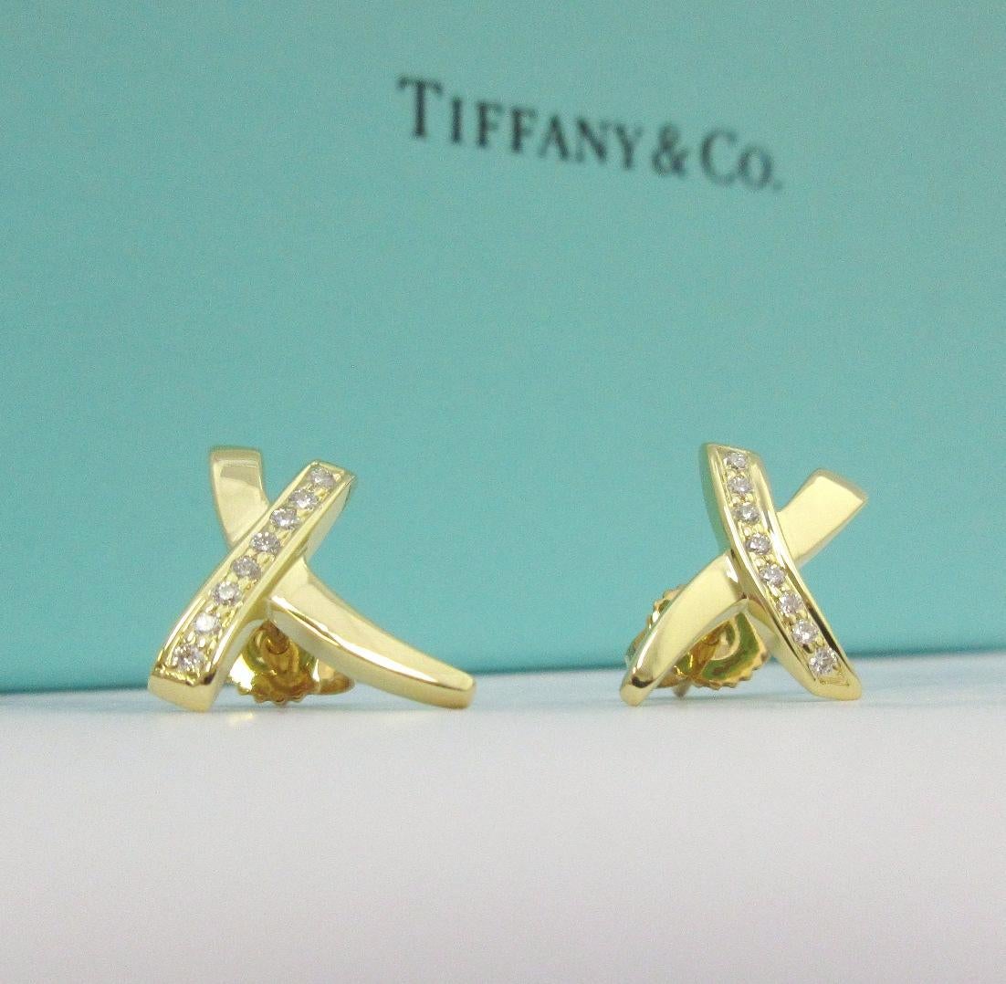 Round Cut TIFFANY & Co. Paloma Picasso 18K Gold Diamond X Earrings New For Sale