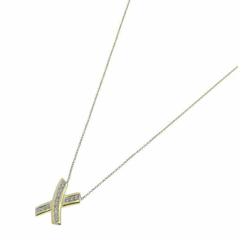 Round Cut TIFFANY & Co. Paloma Picasso 18K Gold Diamond X Pendant Necklace