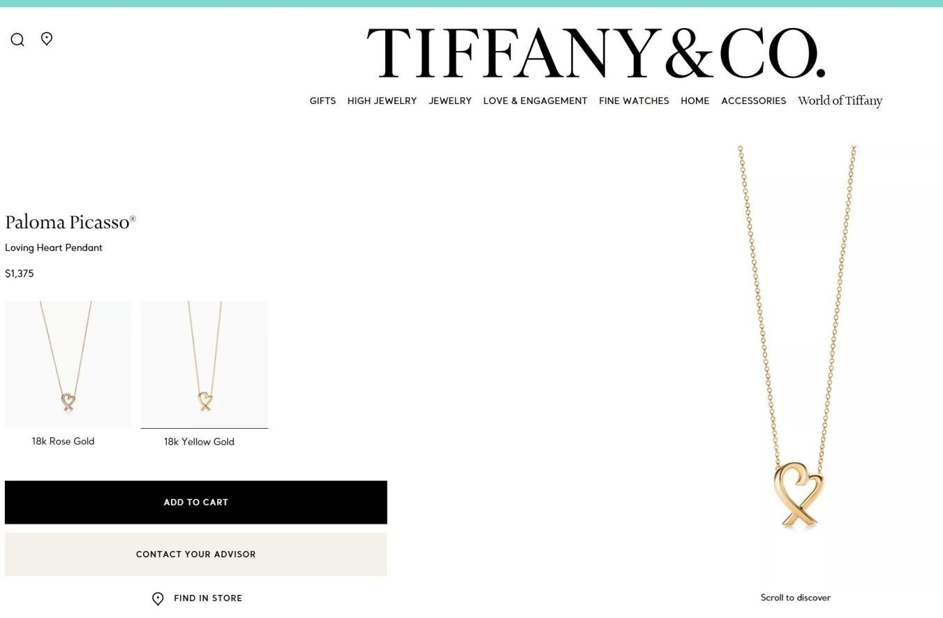 TIFFANY & Co. Paloma Picasso - Collana con ciondolo a forma di cuore in oro 18 carati in vendita 1
