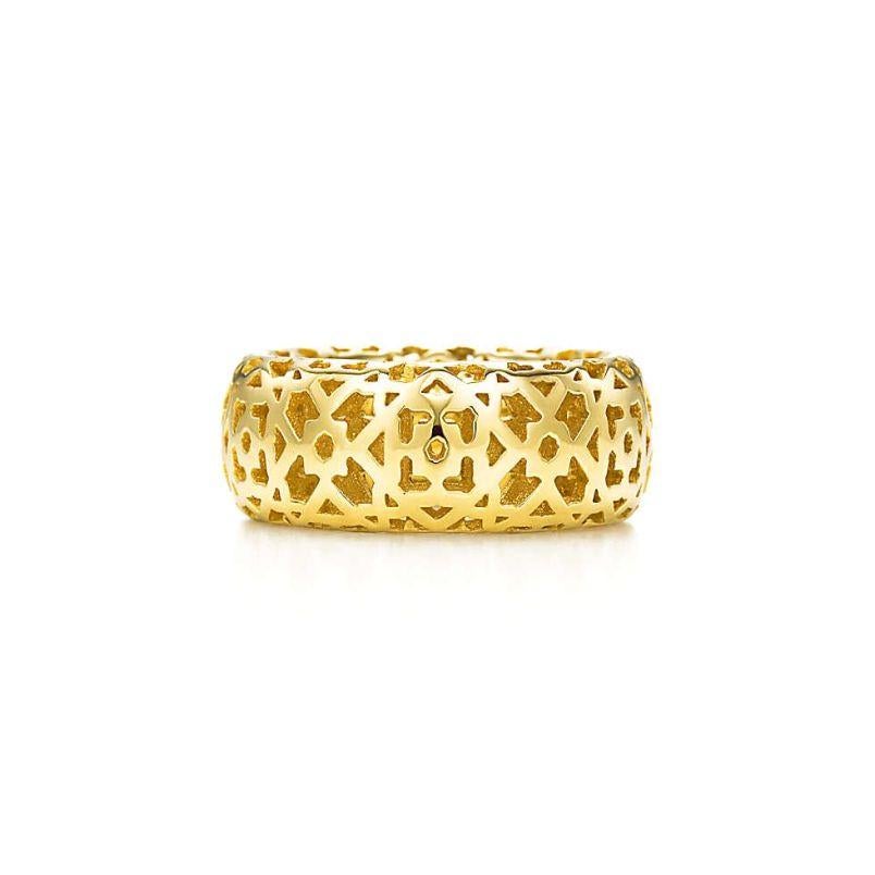 TIFFANY & Co. Paloma Picasso 18K Gold Marrakesh Ring 7

Metal: 18K Yellow Gold
Size: 7 
Band Width: 10mm
Weight: 9.0 grams
Hallmark: ©Paloma Picasso TIFFANY&Co. AU750 ITALY
Condition: Excellent condition, like new, comes with Tiffany pouch, box, bag
