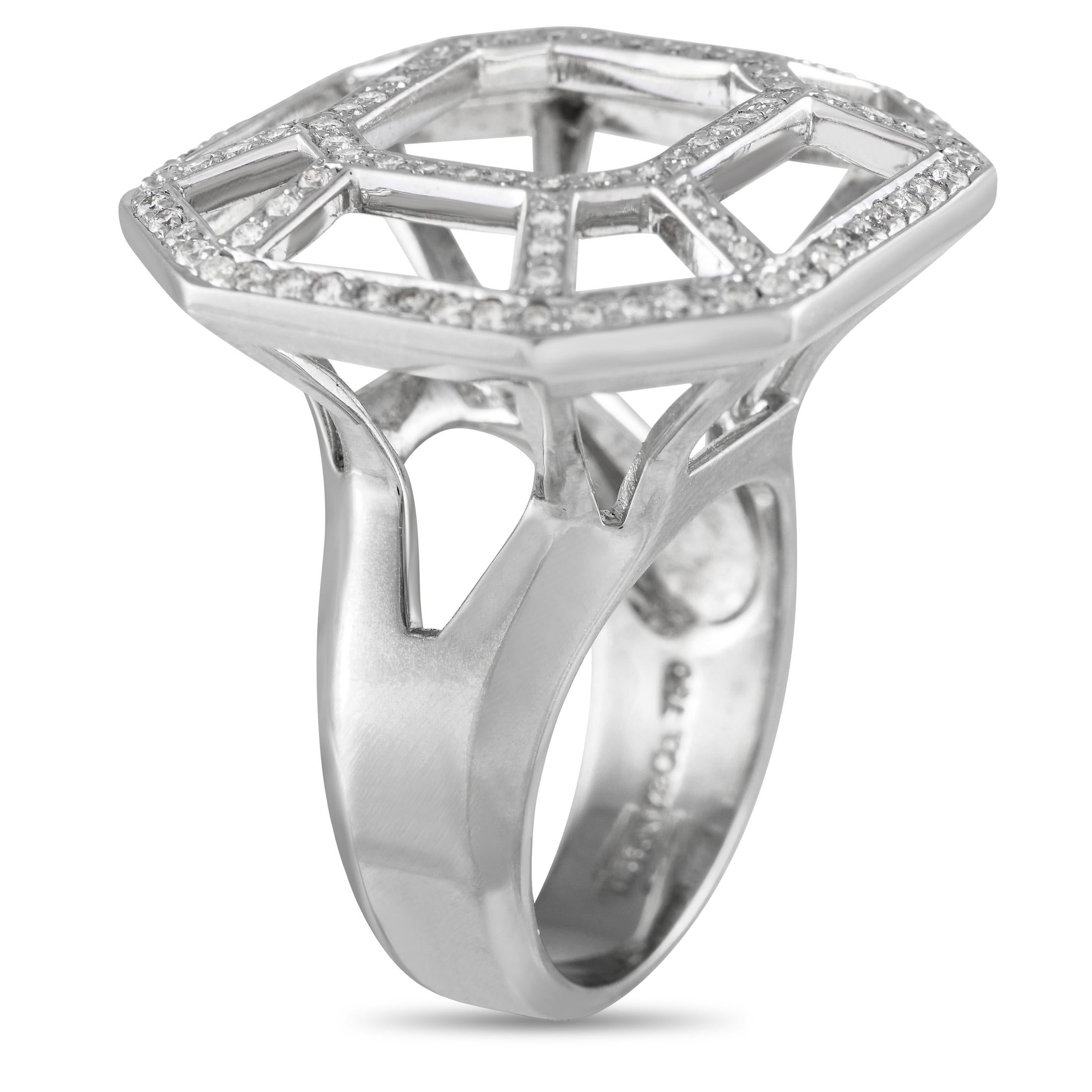 An artful creation by Paloma Piccaso for Tiffany & Co., this 18K white gold ring showcases the French fashion designer's love for geometric forms. The ring features a 6mm-thick band with split shoulders that lead to an octagonal open frame outlined