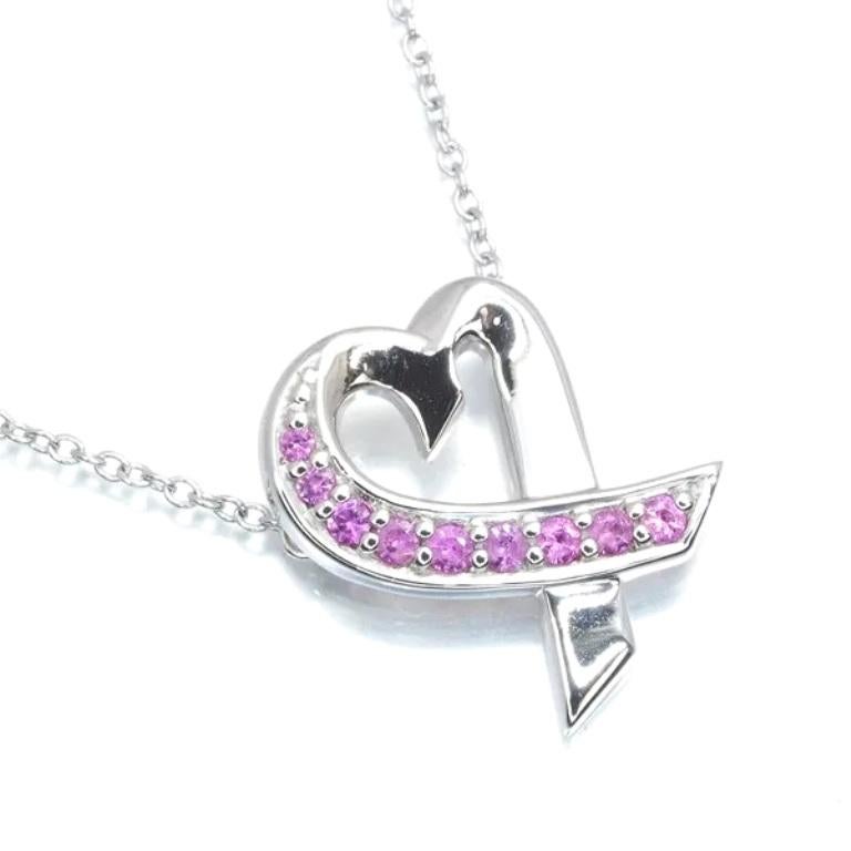 Round Cut TIFFANY & Co. Paloma Picasso 18K White Gold Pink Sapphire Loving Heart Necklace For Sale