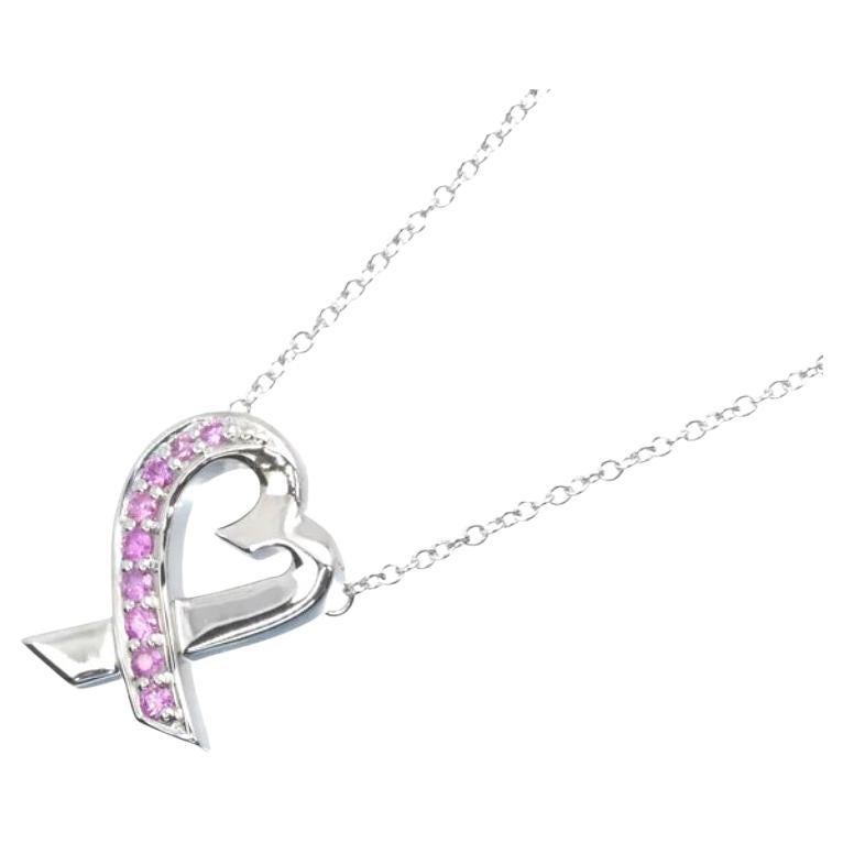 TIFFANY & Co. Paloma Picasso 18K White Gold Pink Sapphire Loving Heart Necklace For Sale