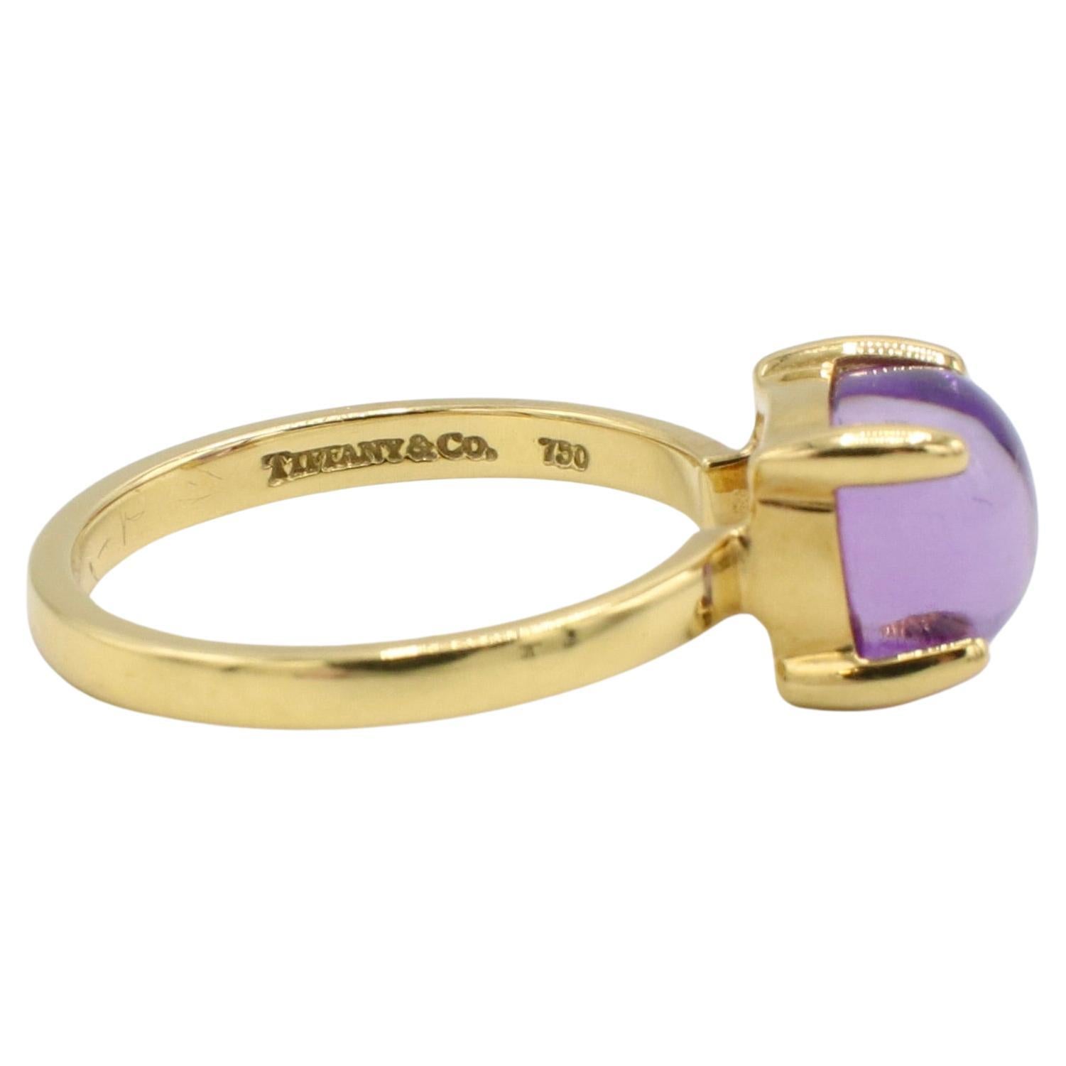 Tiffany & Co. Paloma Picasso 18k Yellow Gold Amethyst Sugar Stacks Ring
Metal: 18k yellow gold 
Weight: 3.48 grams
Amethyst: 7 x 7mm
Height: 6.5mm
Size: 5.5 US
Signed: ©Paloma Picasso Tiffany & Co. 750
