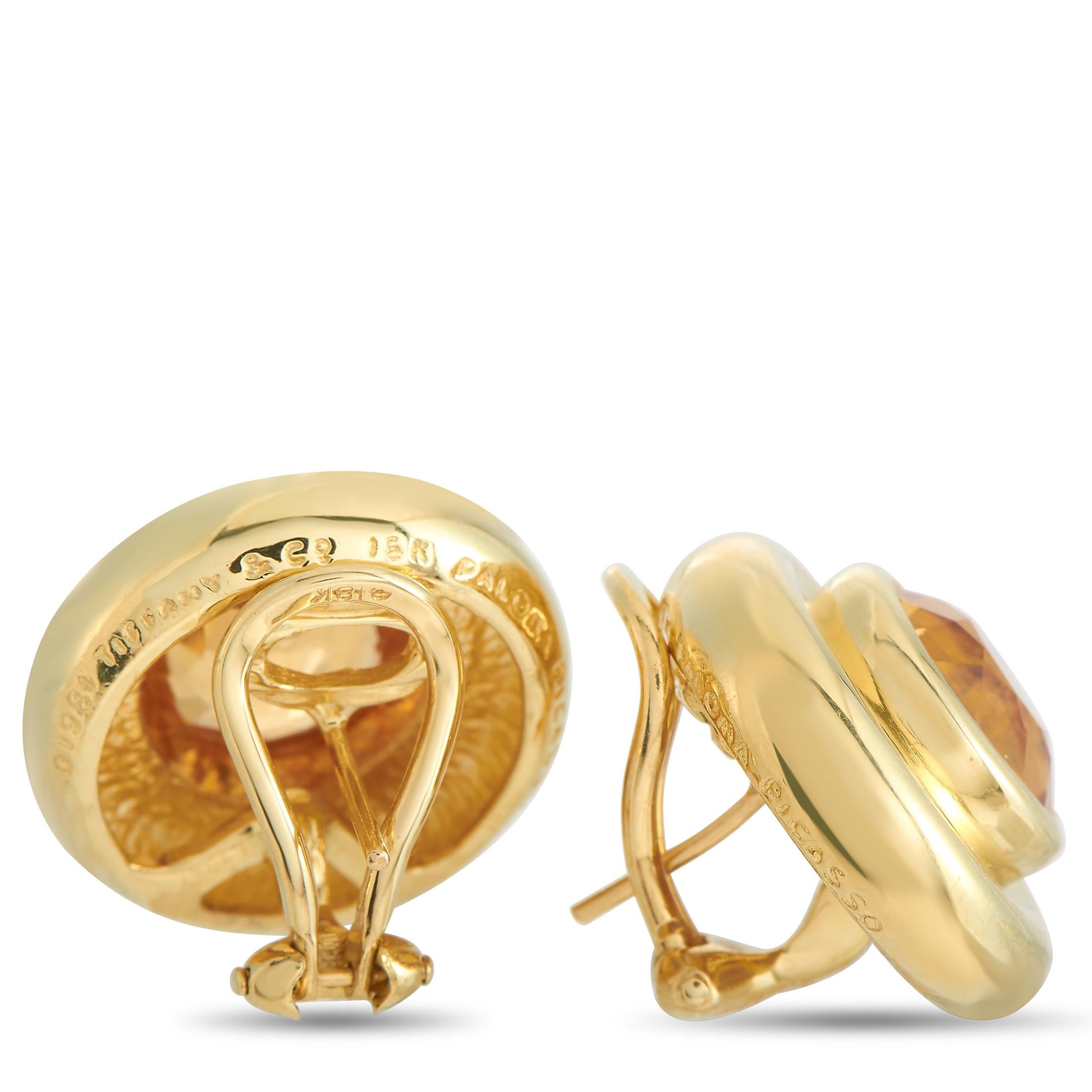 These Paloma Picasso earrings from Tiffany & Co. possess an inherent warmth and opulence. At the center of the simplistic 18K Yellow Gold setting, you’ll find a glittering yellow citrine gemstone. Each one measures 0.75” round and is sure to act as