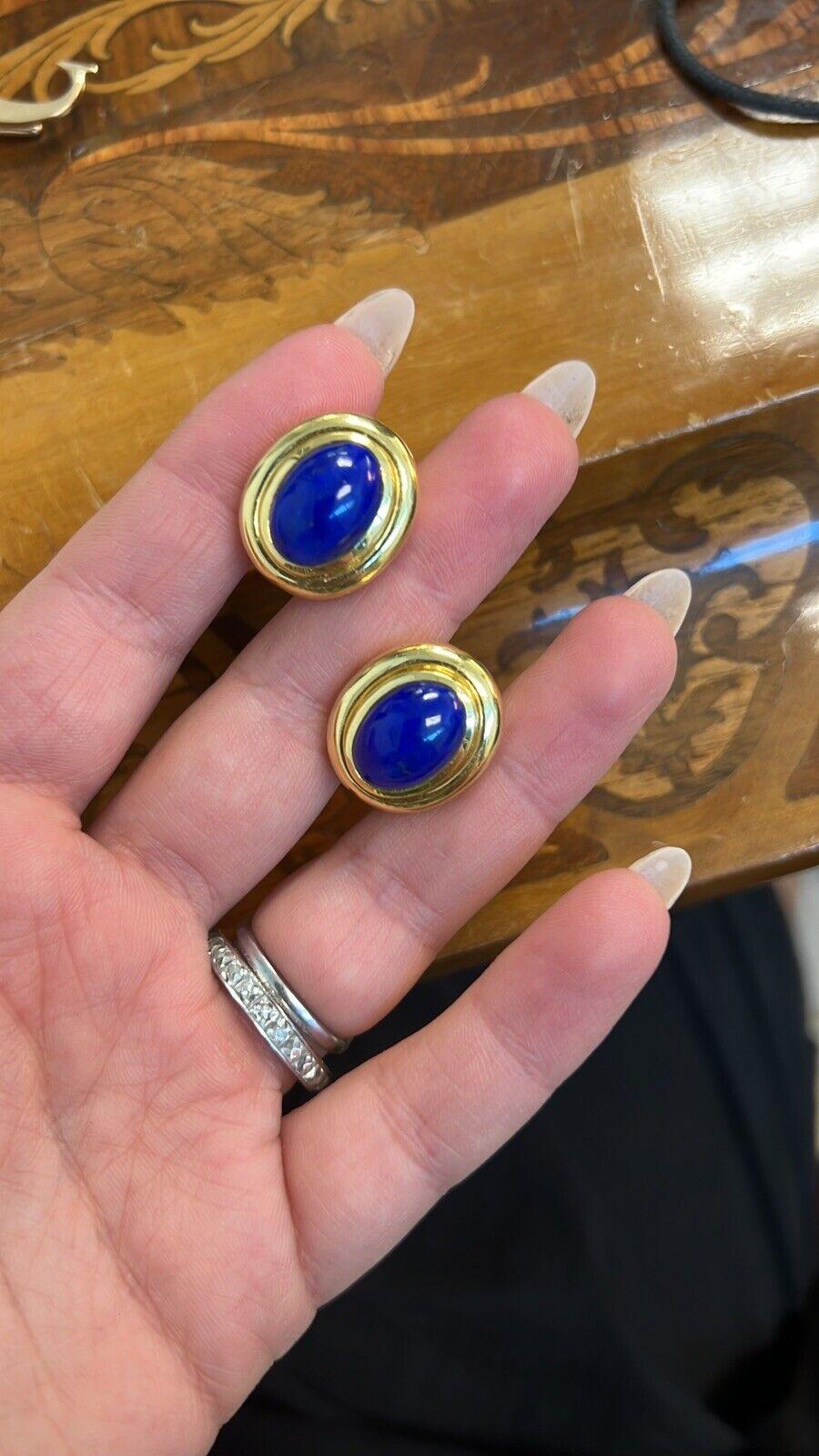 Tiffany & Co. Paloma Picasso 18k Yellow Gold & Lapis Earrings circa 1988 Vintage In Excellent Condition For Sale In Beverly Hills, CA