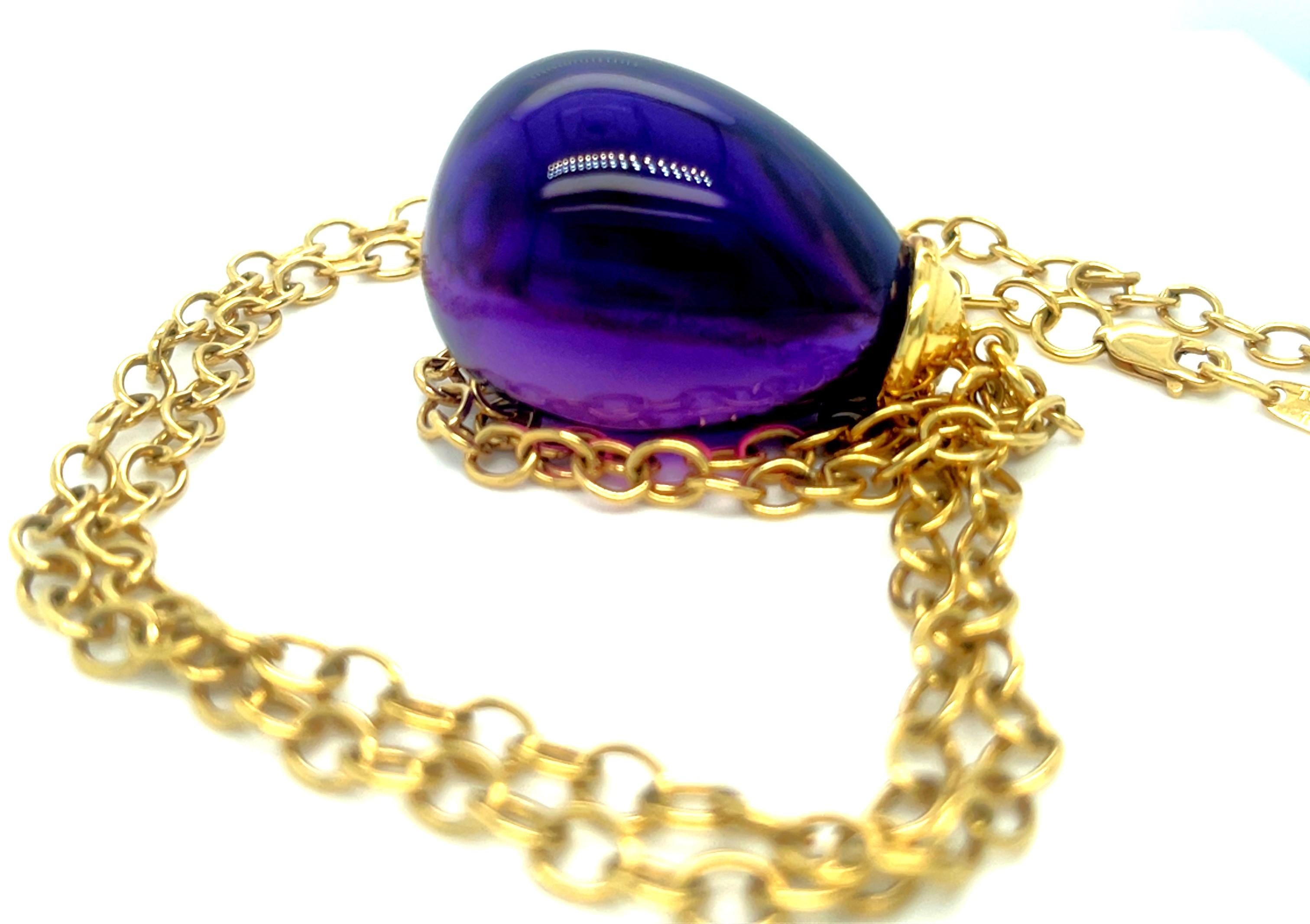 Gorgeous Amethyst Drop Pendant by Paloma Picasso
Features Large Teardrop Shaped Amethyst Cabochon (Appx dimensions 32 x 25 mm)
Pendant Measures Appx 1.5