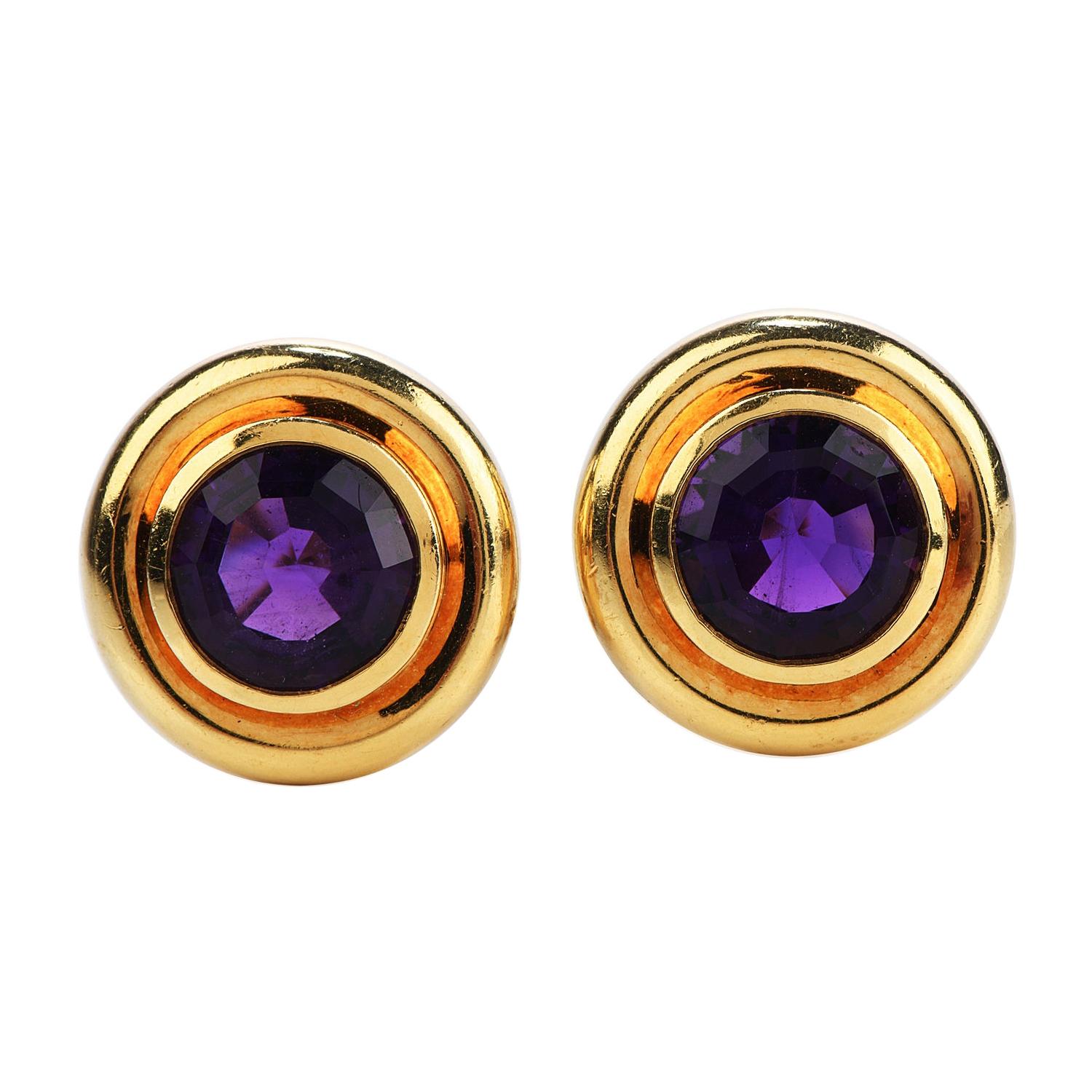 Tiffany & Co. Paloma Picasso 1981 Amethyst 18k Gold Round Clip On Earrings