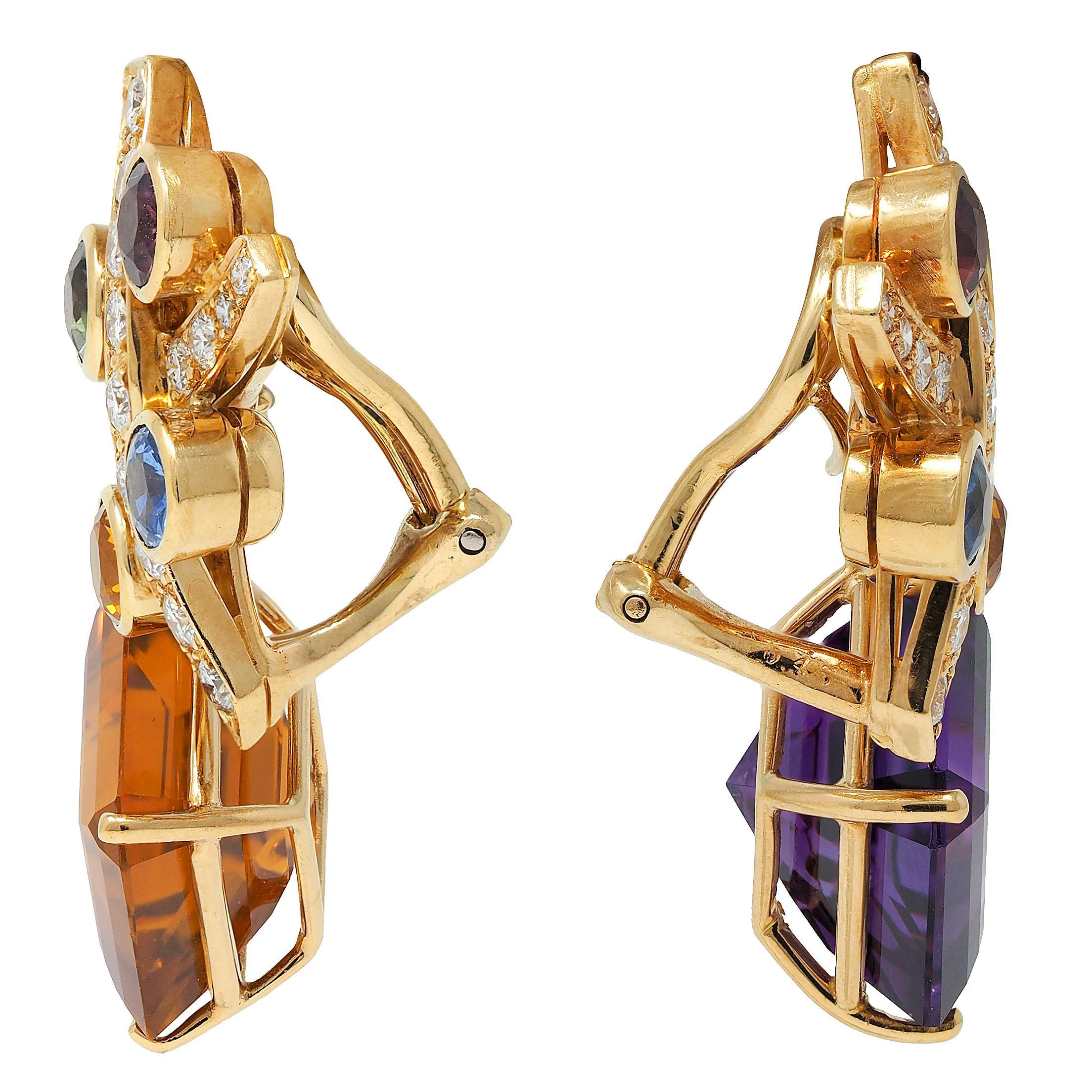 Brilliant Cut Tiffany & Co Paloma Picasso 1985 Multi-Gem 18K Gold Convertible Vintage Earrings For Sale