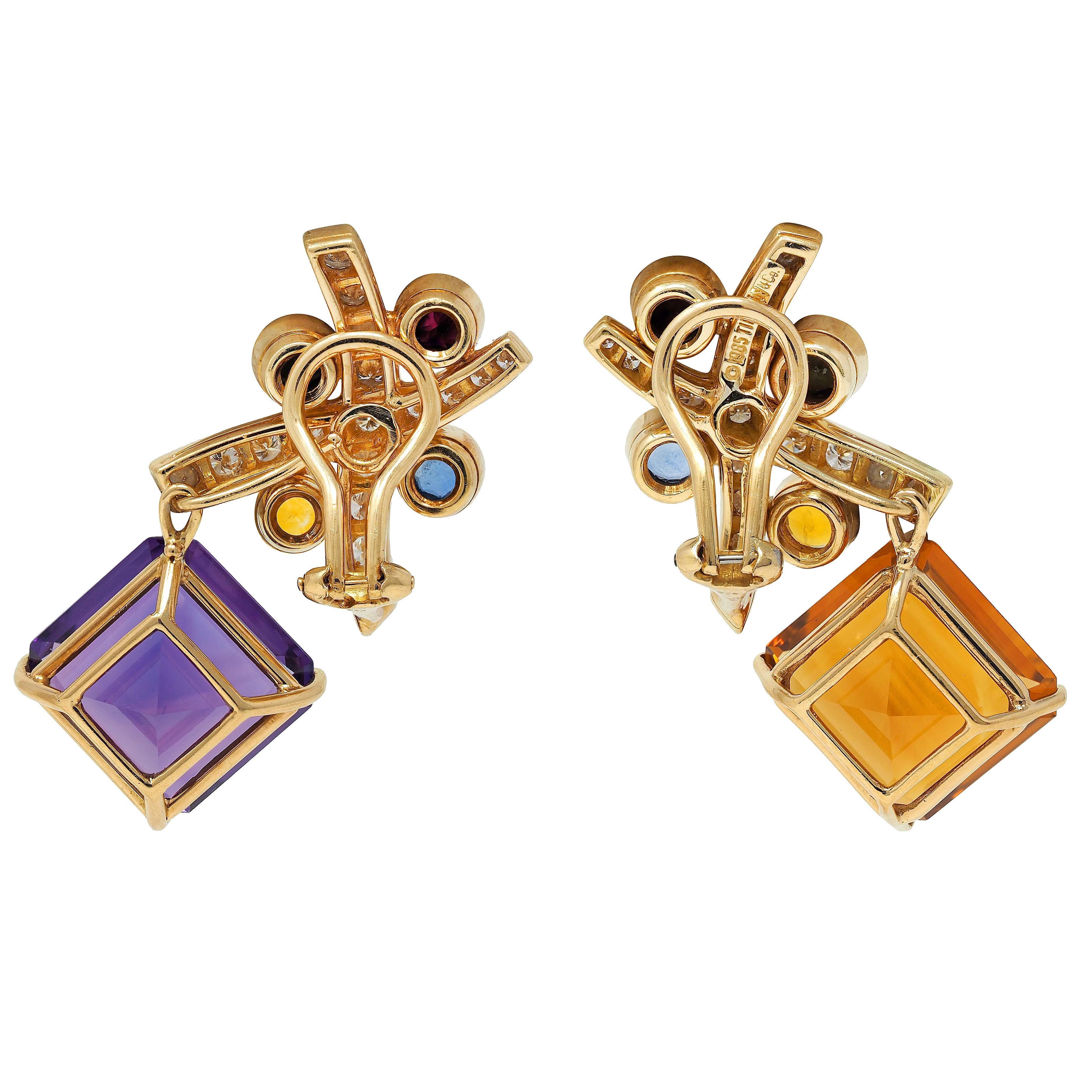 Tiffany & Co Paloma Picasso 1985 Multi-Gem 18K Gold Convertible Vintage Earrings In Excellent Condition For Sale In Philadelphia, PA