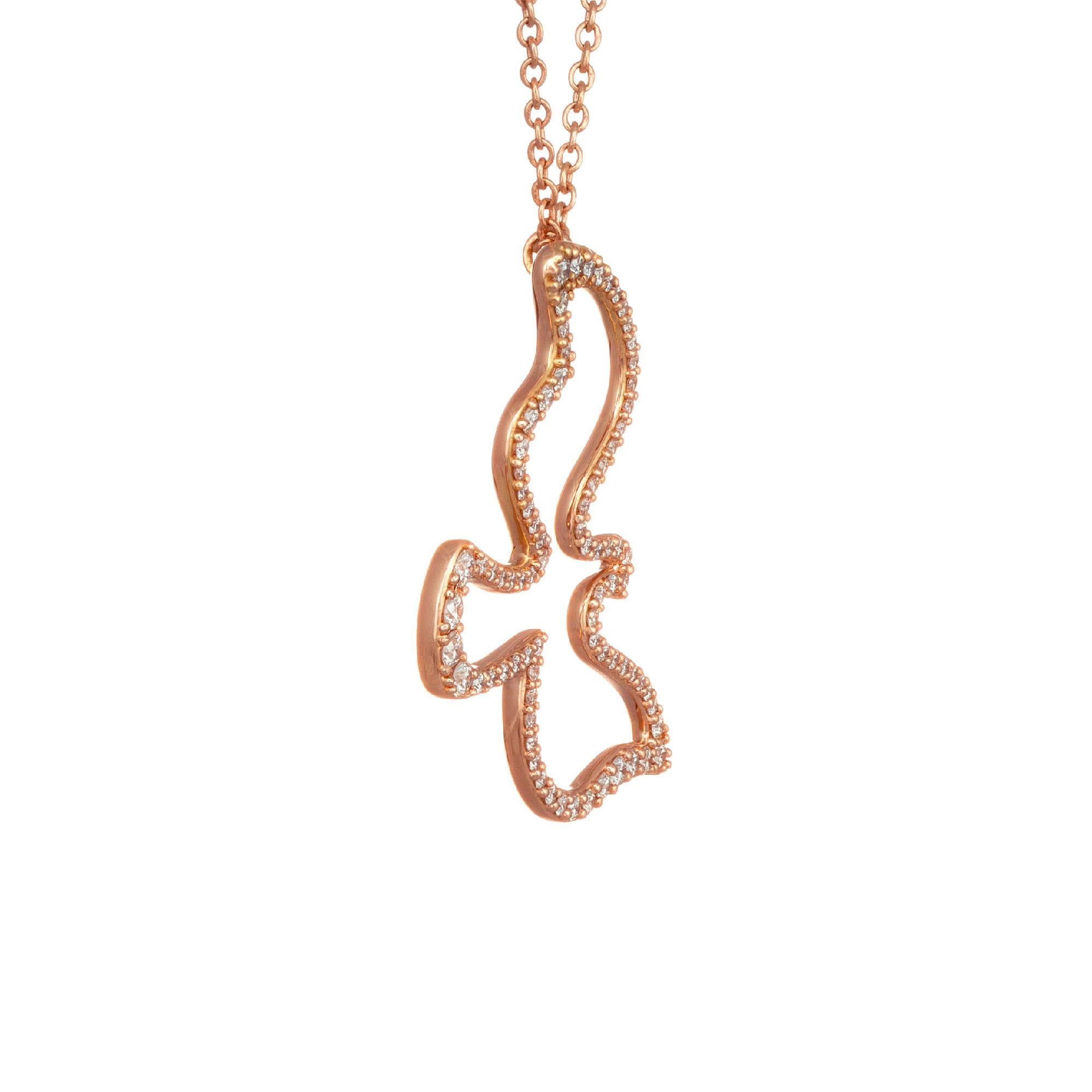 Tiffany & Co 18k rose gold swooping dove by Paloma Picasso is encrusted with 80 round brilliant cut diamonds over the entire circumference of the dove. A 16 Inch chain is attached to the back end of a wing to appear swooping.

80 round brilliant cut