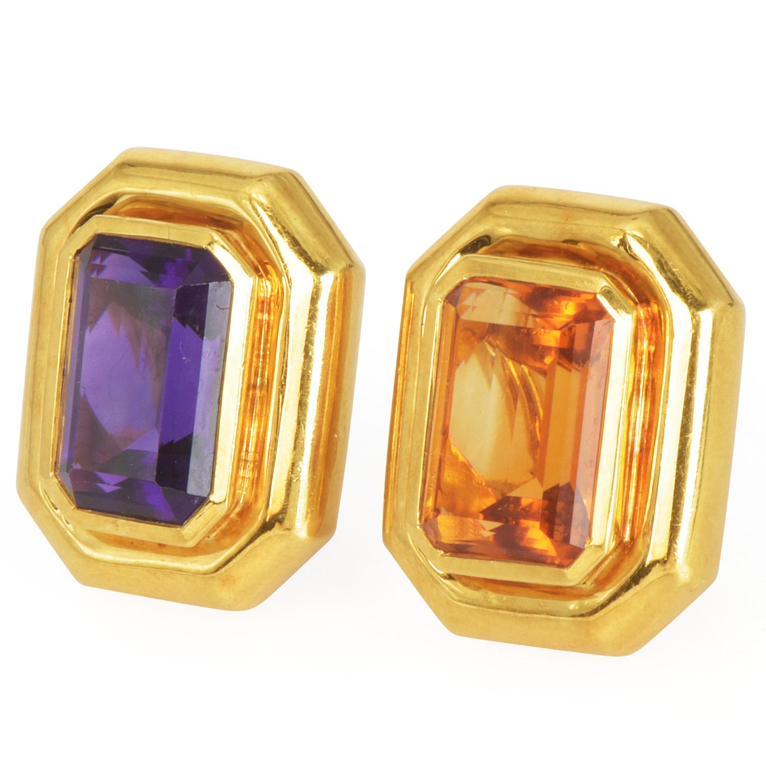 Emerald Cut Tiffany & Co. Paloma Picasso Amethyst Citrine 18K Gold Statement Earrings For Sale
