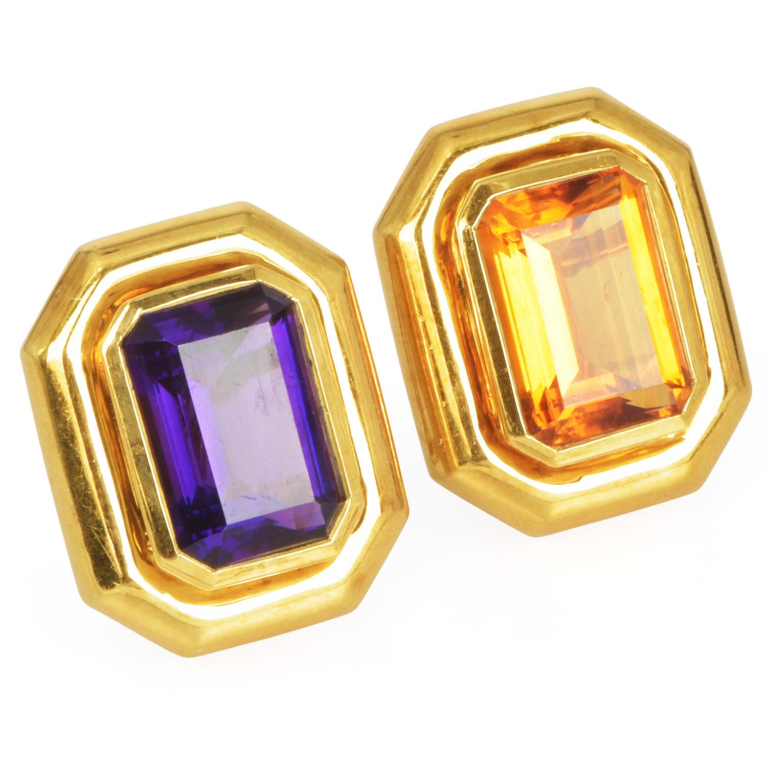 Tiffany & Co. Paloma Picasso Amethyst Citrine 18K Gold Statement Earrings In Excellent Condition For Sale In Miami, FL