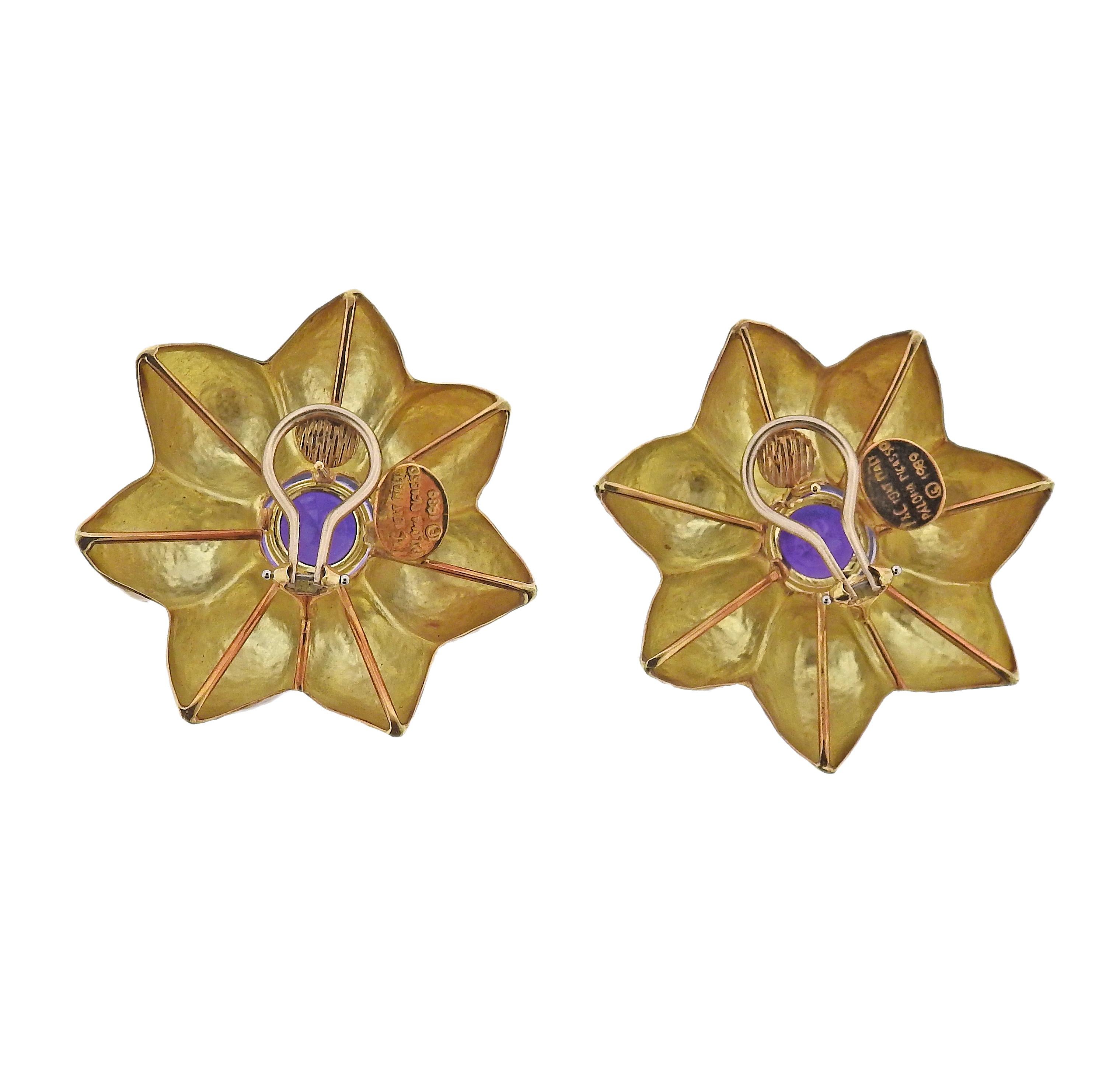 Pair of large 18k hand hammered gold flower earrings, with 11.5mm amethysts in the center. Crafted by Paloma Picasso for Tiffany & Co.  Earrings are 40mm x 40mm. Marked: T & Co, Paloma  Picasso, 1989, 18kt, Italy. Weight - 26.4 grams. 