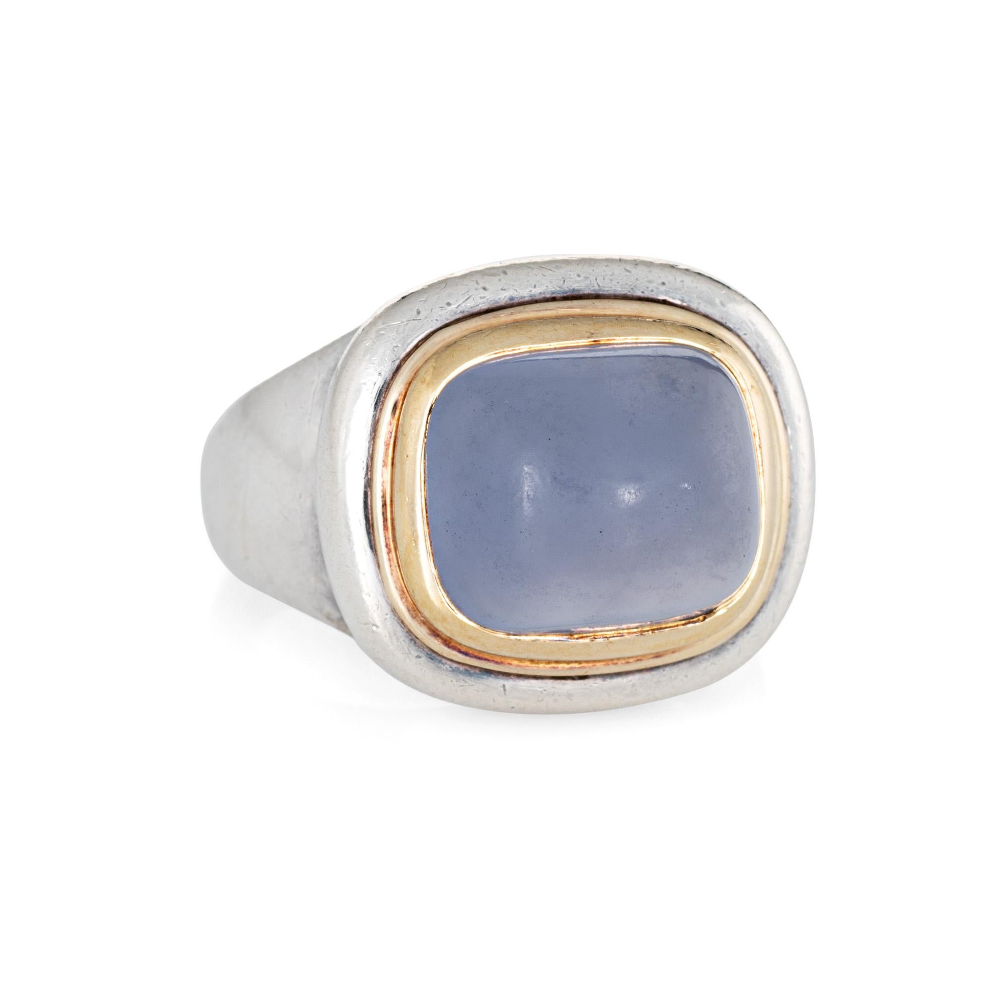 Finely detailed vintage Tiffany & Co blue chalcedony ring (circa 1990s) crafted in sterling silver & 18 karat yellow gold. 

Cabochon cut blue chalcedony 11mm x 9.5mm. The chalcedony is in very good condition and free of cracks or chips (some very