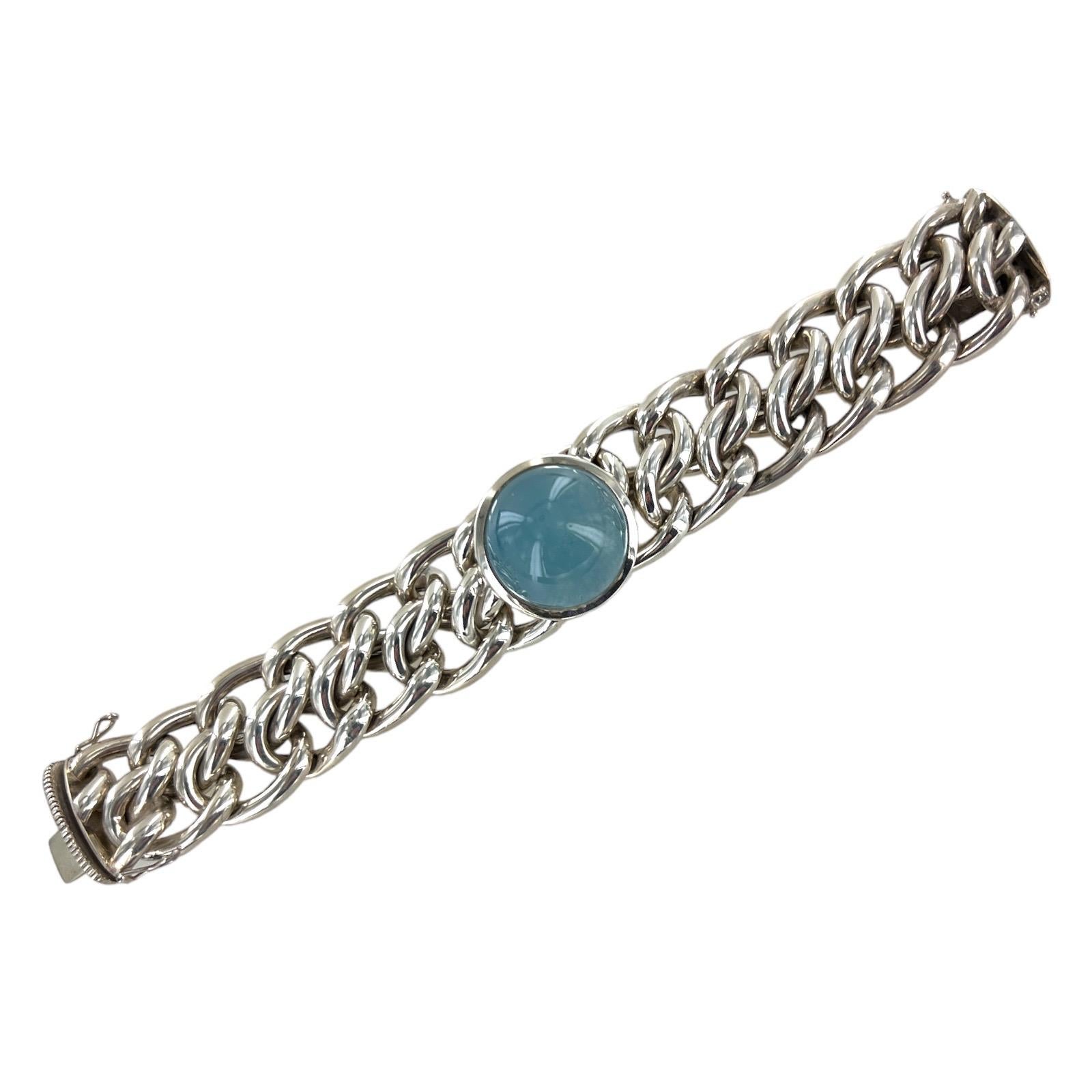 Tiffany & Co. Paloma Picasso Cabochon Aquamarine SS Rare Vintage Link Bracelet In Excellent Condition In Boca Raton, FL