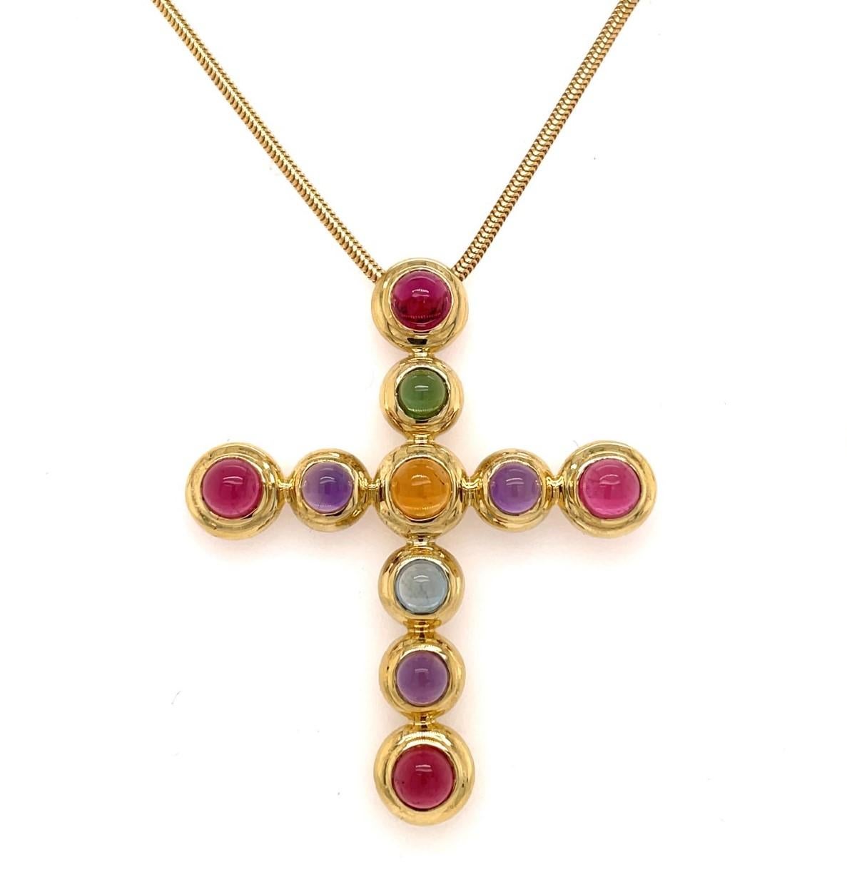 Tiffany & Co Paloma Picasso Gemstone Cross Necklace
 18K Yellow Gold 
Aquamarine, topaz, amethyst, tourmalines. 
Approx. 78 mm long and 62 mm wide. 
18KY Gold 18'' Tiffany Chain
Comes with Original Tiffany & Co Necklace Folder