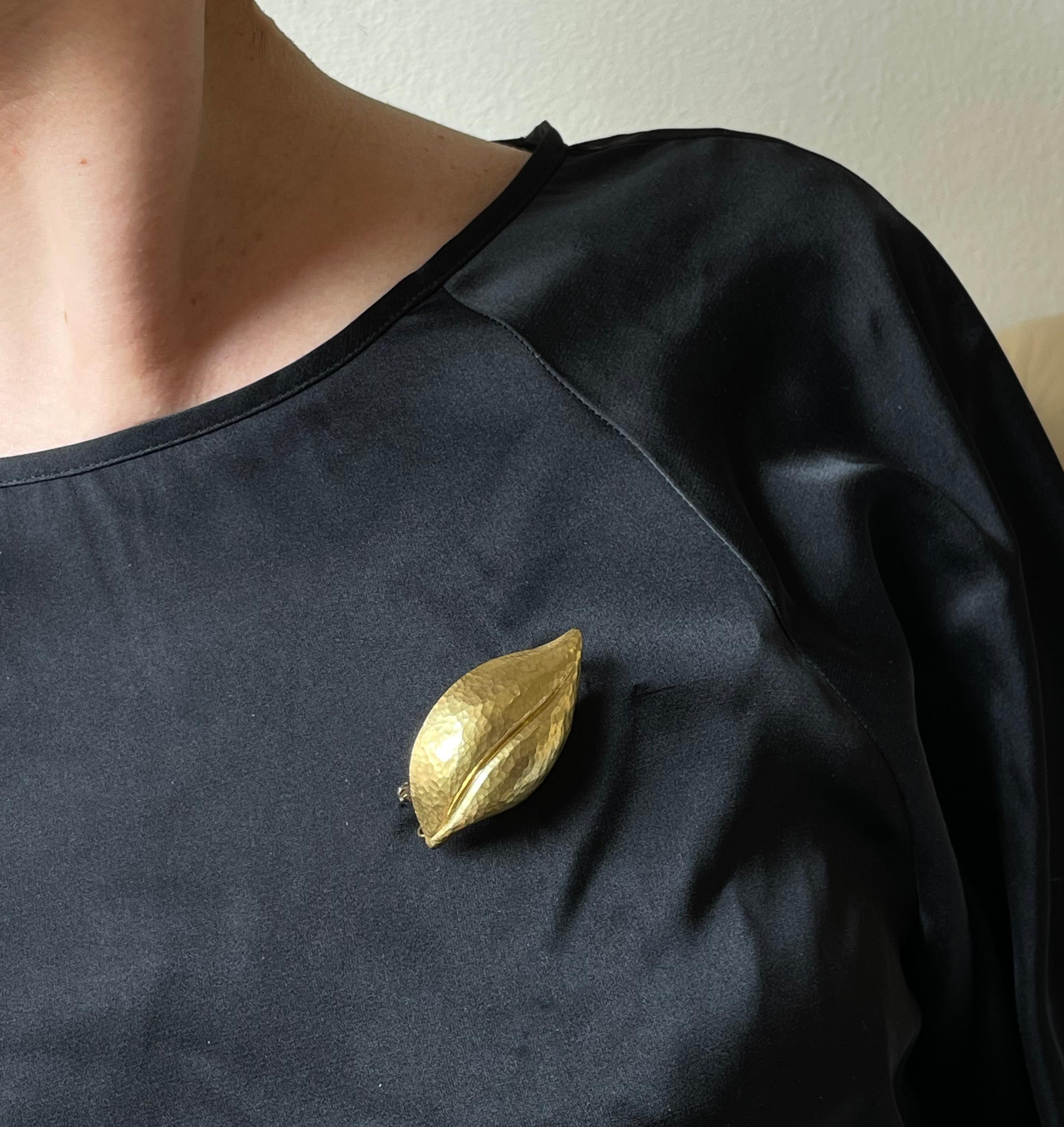 18k hammered gold leaf motif brooch by Paloma Picasso for Tiffany & Co. The piece measures 2