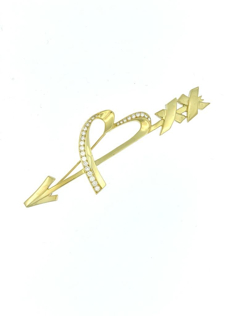 Artisan Tiffany & Co. Paloma Picasso Heart and Arrow Brooch 18 karat Gold and Diamonds For Sale