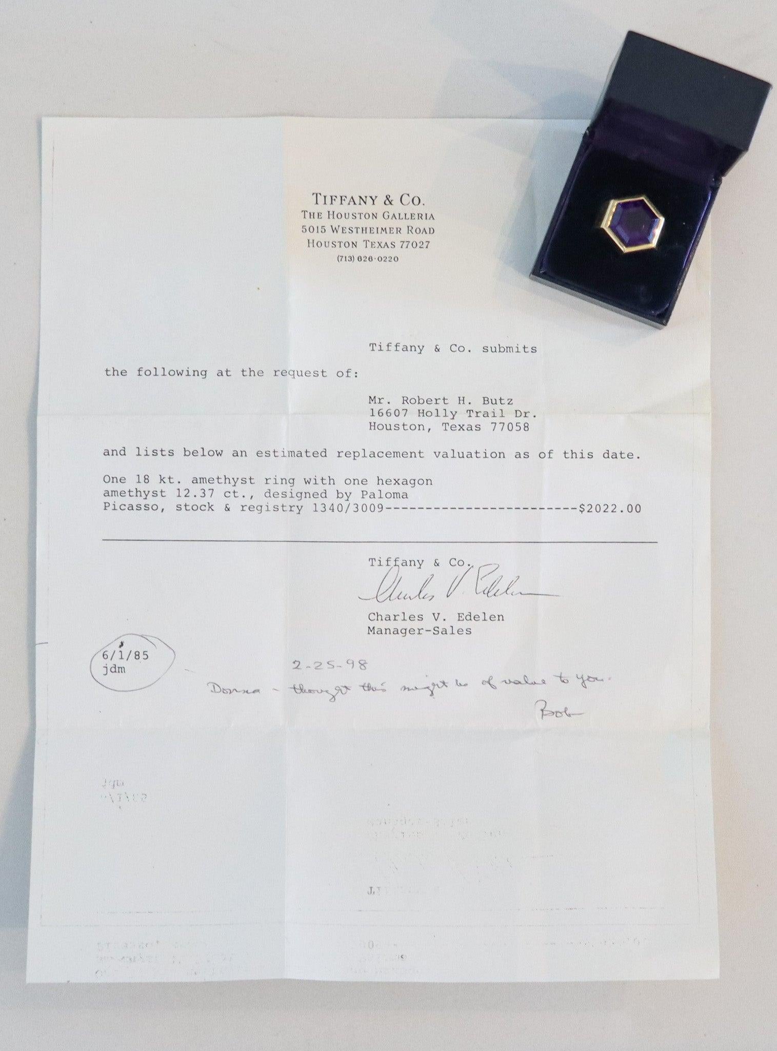 Taglio misto TIFFANY & CO. Paloma Picasso Anello Cocktail Esagonale in oro 18Kt 12,37 carati di ametista in vendita